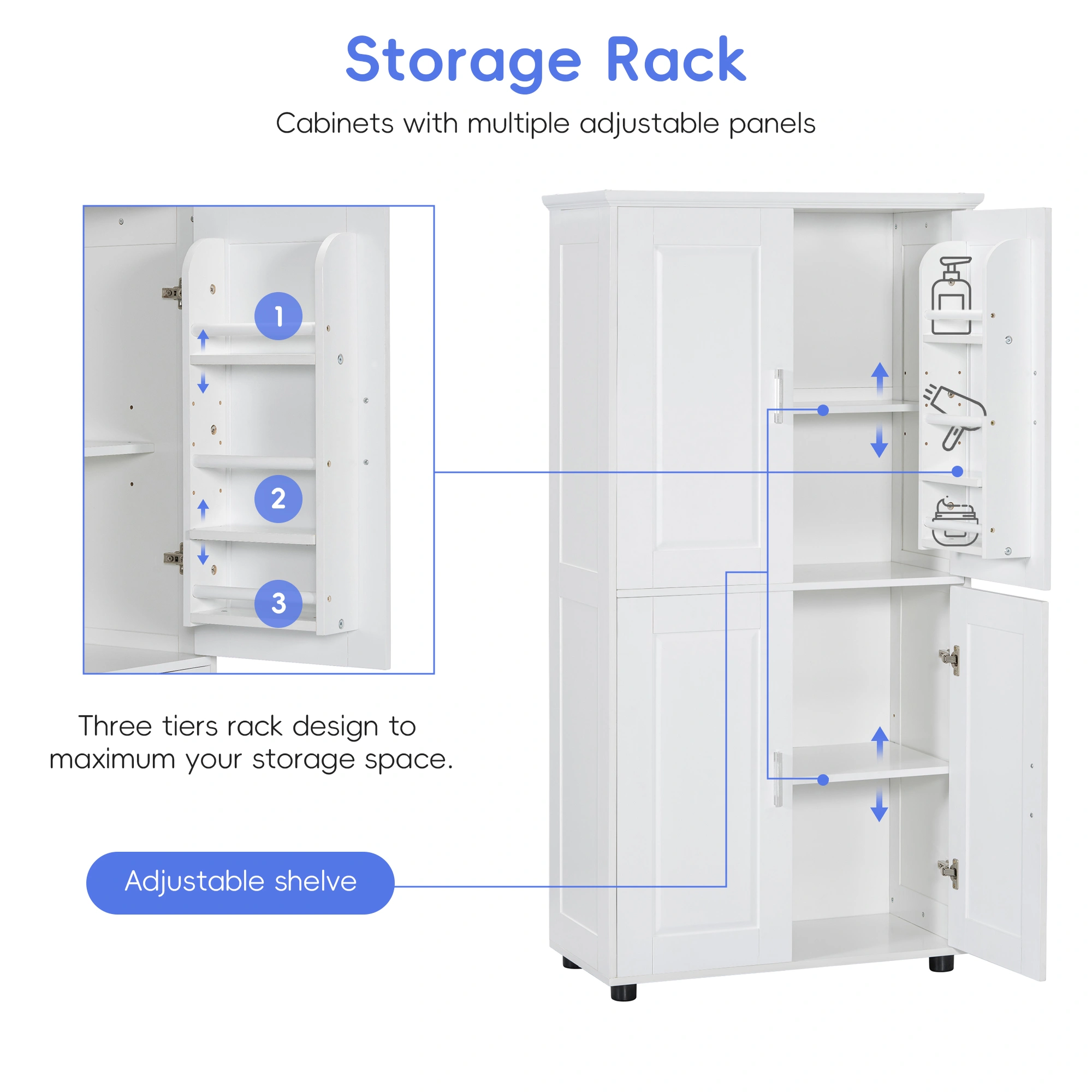 White Bathroom Storage Cabinet, Freestanding Floor Unit with 4 Doors & Adjustable Shelves, Tall Wide Bath Organizer Cabinet view 14