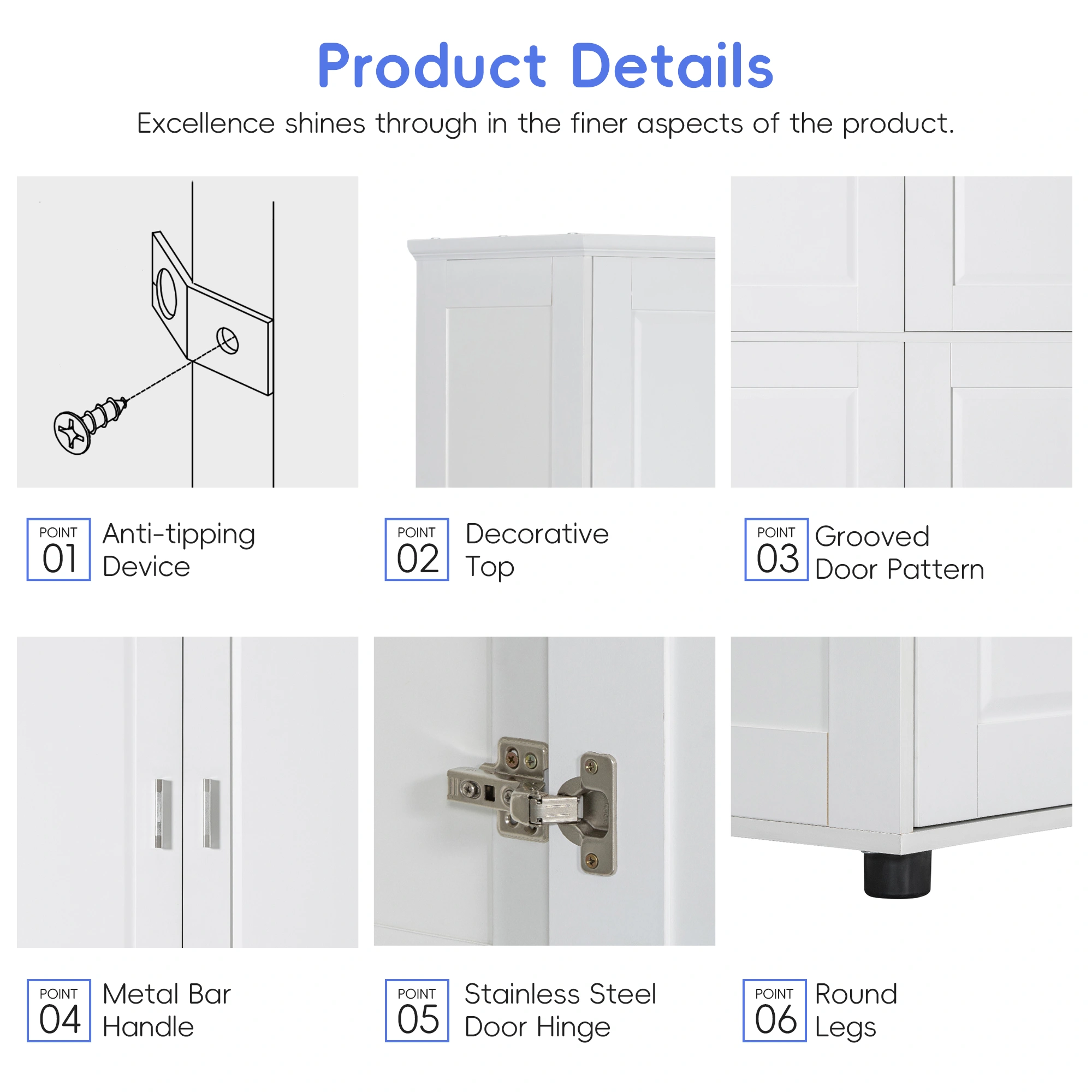 White Bathroom Storage Cabinet, Freestanding Floor Unit with 4 Doors & Adjustable Shelves, Tall Wide Bath Organizer Cabinet view 15