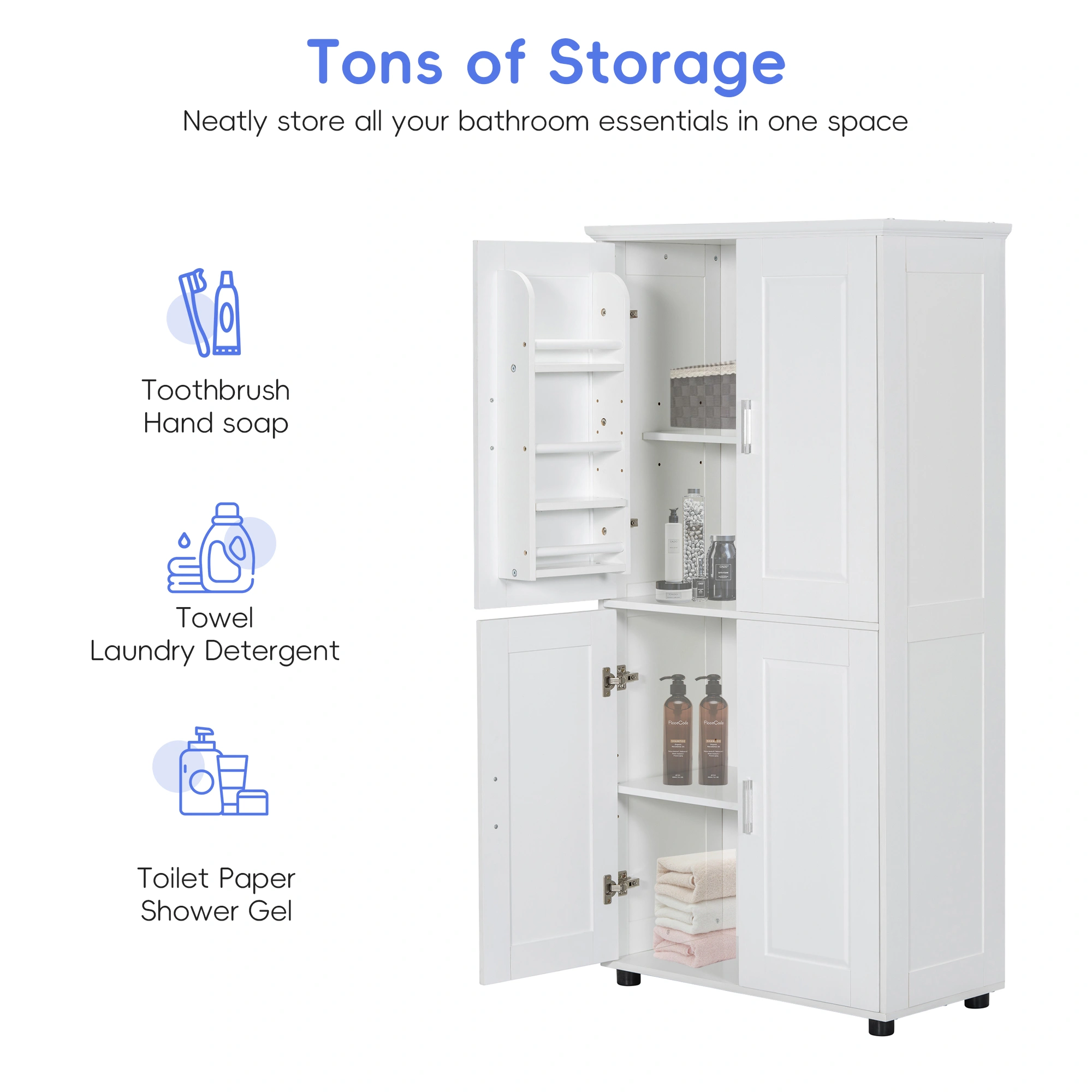 White Bathroom Storage Cabinet, Freestanding Floor Unit with 4 Doors & Adjustable Shelves, Tall Wide Bath Organizer Cabinet view 16