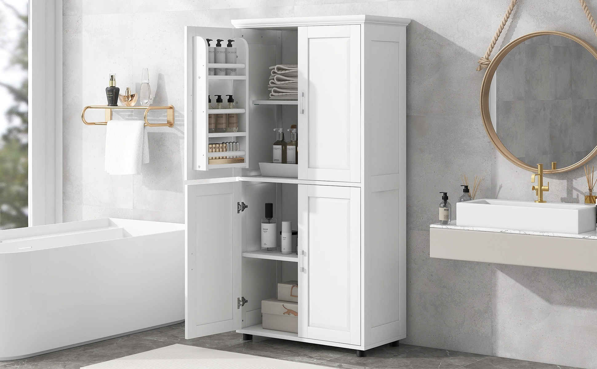 White Bathroom Storage Cabinet, Freestanding Floor Unit with 4 Doors & Adjustable Shelves, Tall Wide Bath Organizer Cabinet view 18