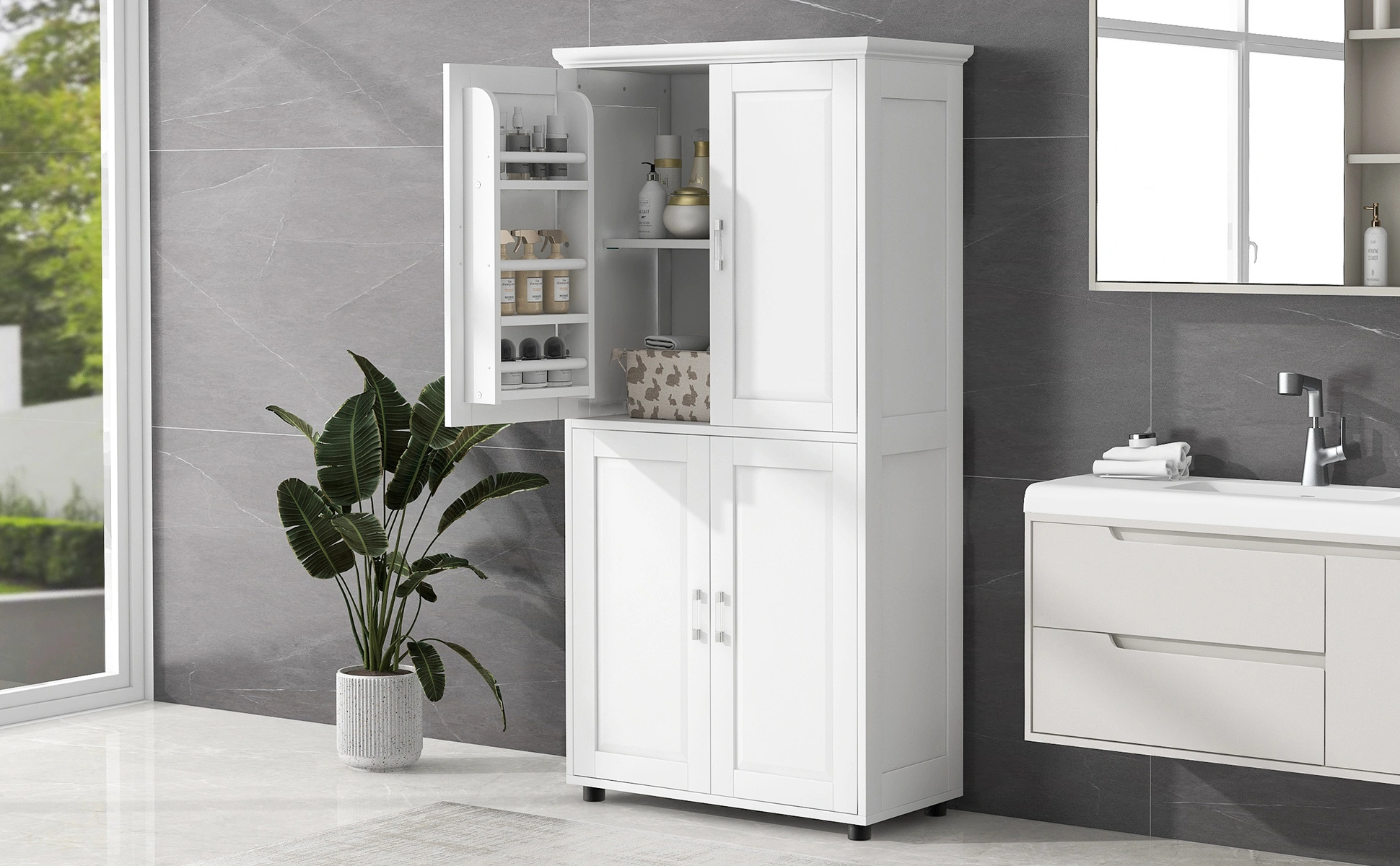 White Bathroom Storage Cabinet, Freestanding Floor Unit with 4 Doors & Adjustable Shelves, Tall Wide Bath Organizer Cabinet view 19