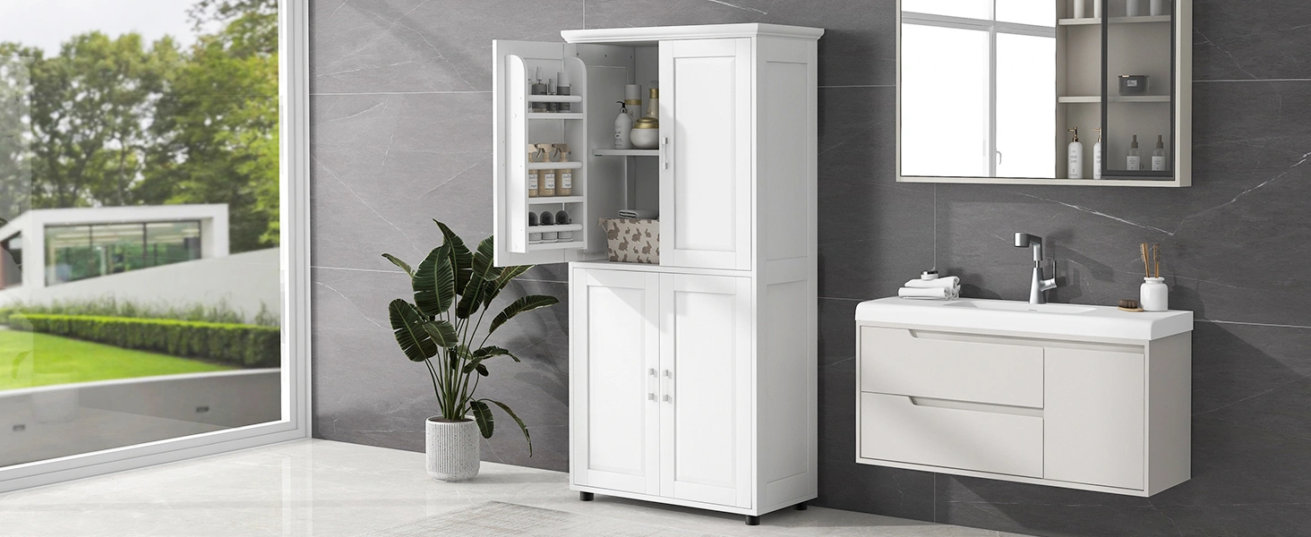 White Bathroom Storage Cabinet, Freestanding Floor Unit with 4 Doors & Adjustable Shelves, Tall Wide Bath Organizer Cabinet view 2