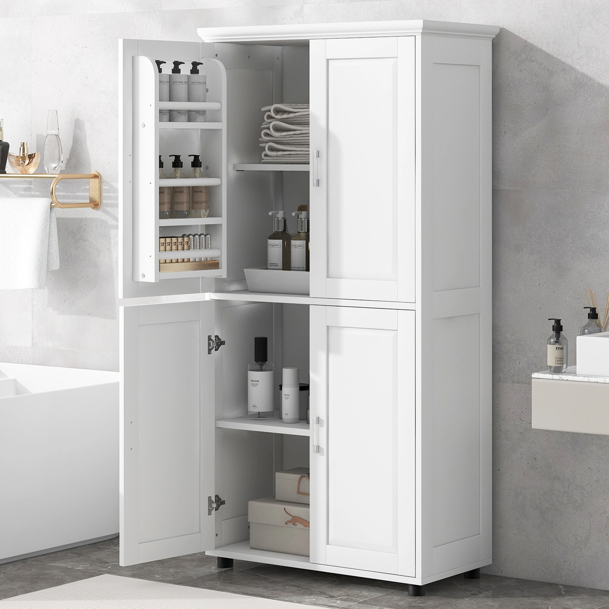 White Bathroom Storage Cabinet, Freestanding Floor Unit with 4 Doors & Adjustable Shelves, Tall Wide Bath Organizer Cabinet view 20