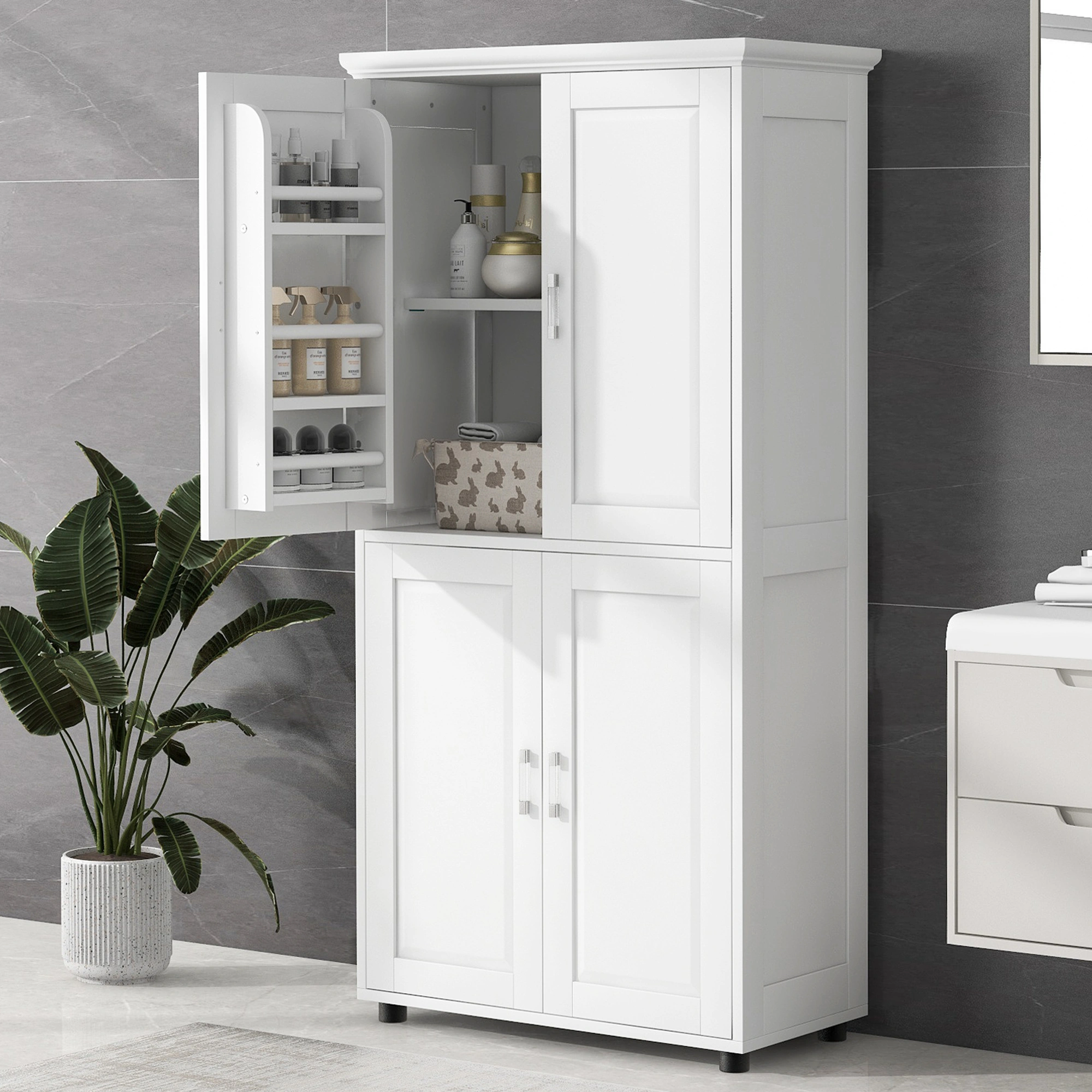 White Bathroom Storage Cabinet, Freestanding Floor Unit with 4 Doors & Adjustable Shelves, Tall Wide Bath Organizer Cabinet view 21