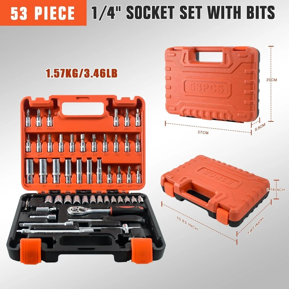 53 Piece 1/4 Inch Drive Socket Set with Ratchet Wrench, Impact Bit Socket & Storage Case Tool Kit view 2