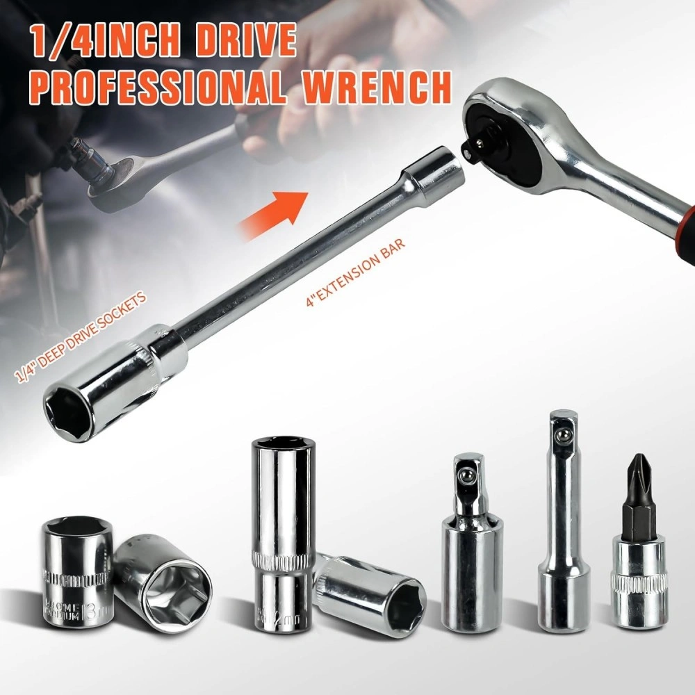 53 Piece 1/4 Inch Drive Socket Set with Ratchet Wrench, Impact Bit Socket & Storage Case Tool Kit view 4