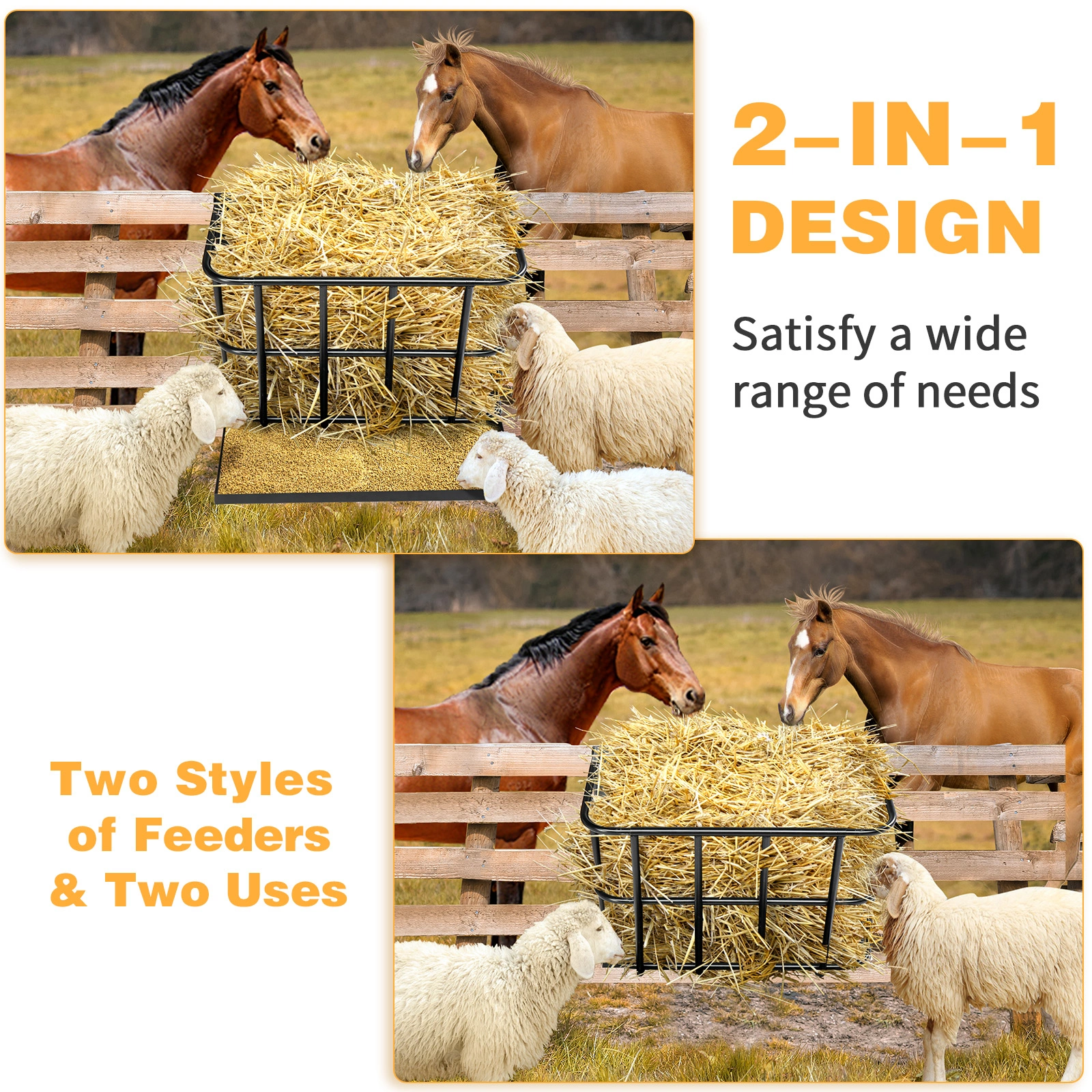 Large Capacity Hay Feeder with Detachable Grain Tray, Heavy Duty Steel 2 in 1 Hay Rack, Multiple Sided Goat Feeding Rack for Sheep Farm Livestock Indoor Outdoor, Black view 10
