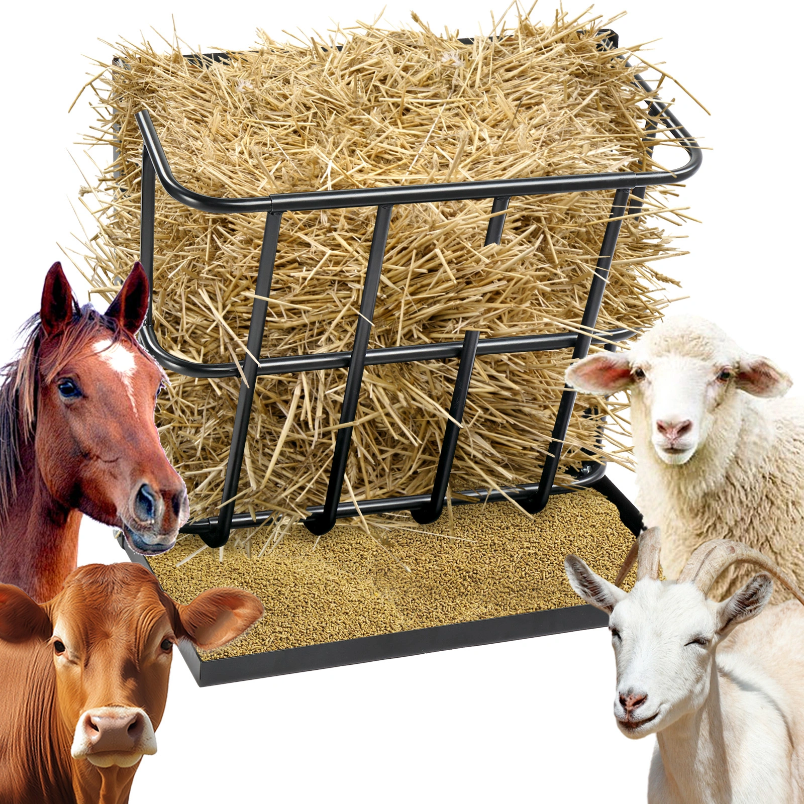 Large Capacity Hay Feeder with Detachable Grain Tray, Heavy Duty Steel 2 in 1 Hay Rack, Multiple Sided Goat Feeding Rack for Sheep Farm Livestock Indoor Outdoor, Black view 12