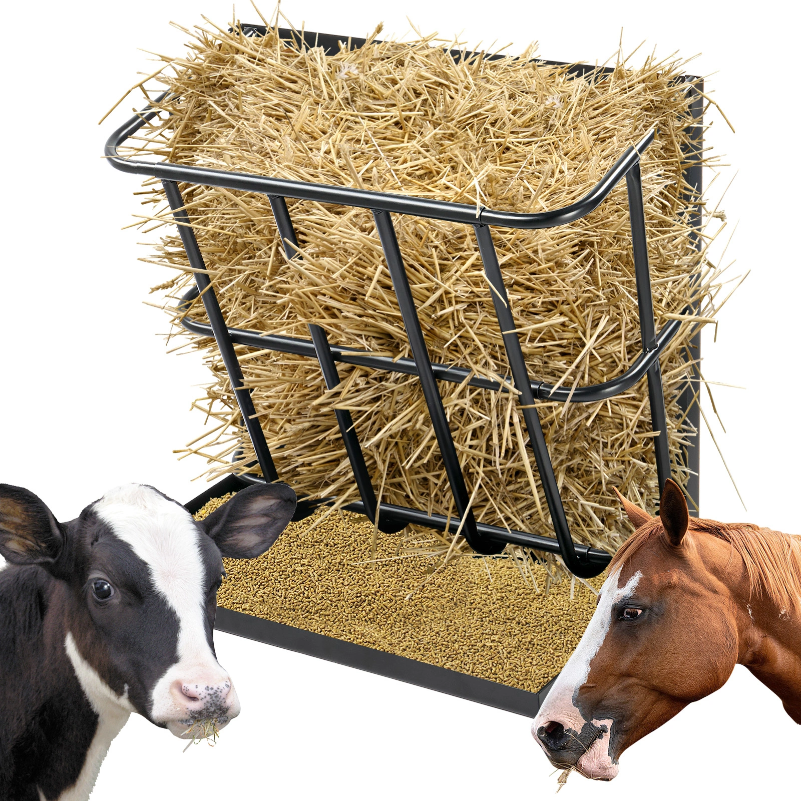 Large Capacity Hay Feeder with Detachable Grain Tray, Heavy Duty Steel 2 in 1 Hay Rack, Multiple Sided Goat Feeding Rack for Sheep Farm Livestock Indoor Outdoor, Black view 13