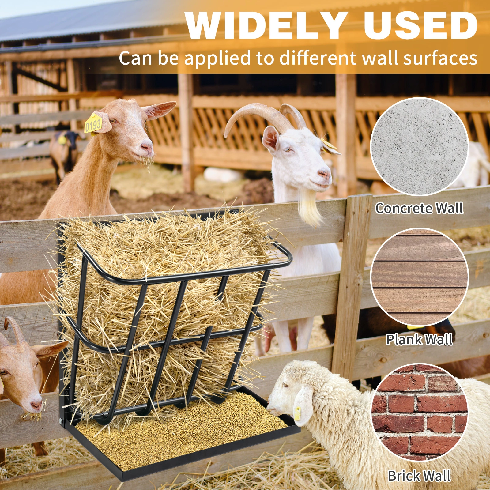 Large Capacity Hay Feeder with Detachable Grain Tray, Heavy Duty Steel 2 in 1 Hay Rack, Multiple Sided Goat Feeding Rack for Sheep Farm Livestock Indoor Outdoor, Black view 7
