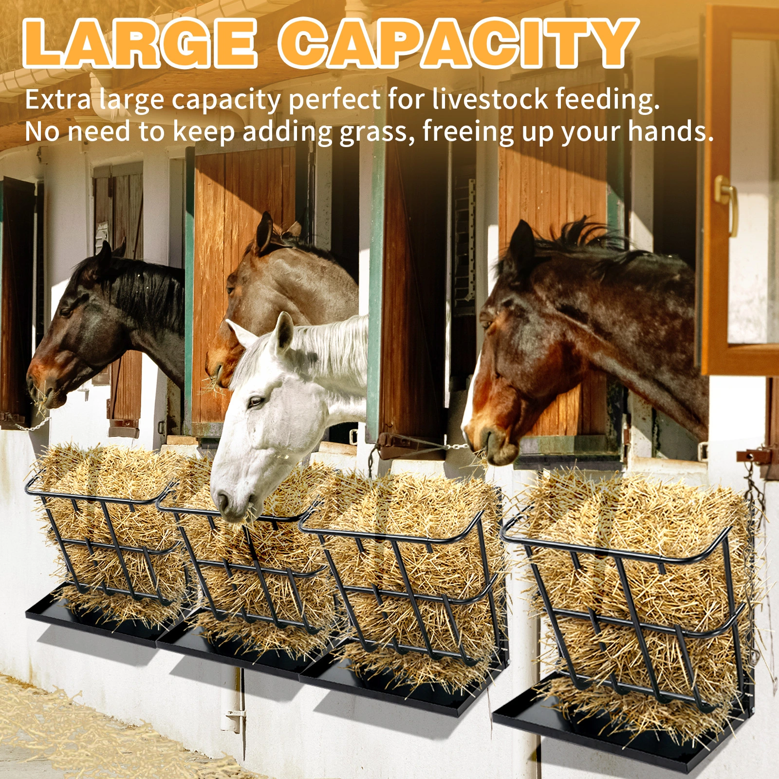 Large Capacity Hay Feeder with Detachable Grain Tray, Heavy Duty Steel 2 in 1 Hay Rack, Multiple Sided Goat Feeding Rack for Sheep Farm Livestock Indoor Outdoor, Black view 8