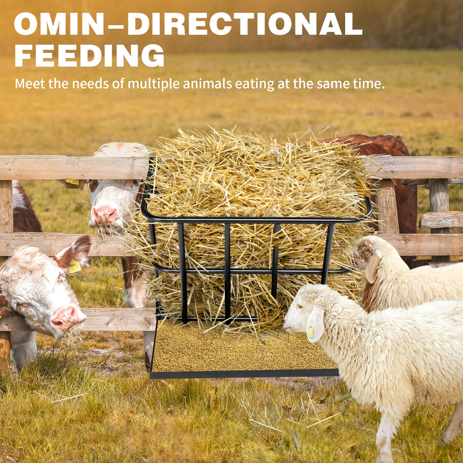 Large Capacity Hay Feeder with Detachable Grain Tray, Heavy Duty Steel 2 in 1 Hay Rack, Multiple Sided Goat Feeding Rack for Sheep Farm Livestock Indoor Outdoor, Black view 9
