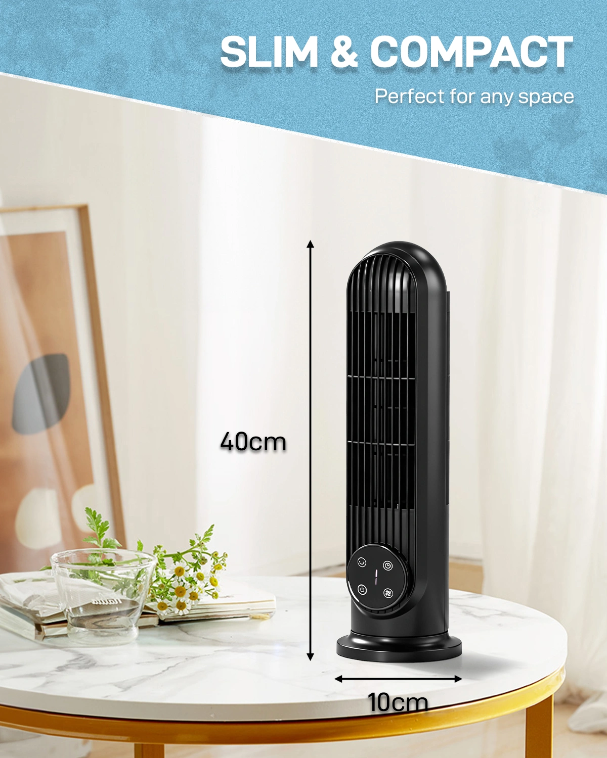 US Standard RTW-CR Tower Fan, 110V, 25W, 16 Inch Mini Column Tower Fan, Touch Control with Remote, Plastic Body, Copper Motor, Black, 3 Speed, Oscillating, 9-Hour Timer, Floor & Wall Mount for Home Use view 6