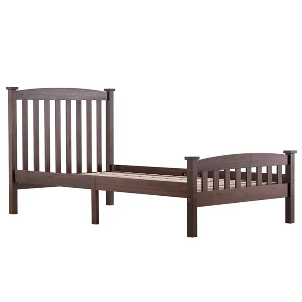 Twin Pine Bed Frame with Curved Headboard Footboard, Painted Wood Bed with Vertical Stripes, Coffee Brown, 78.94"x42.52"x38.98" view 3