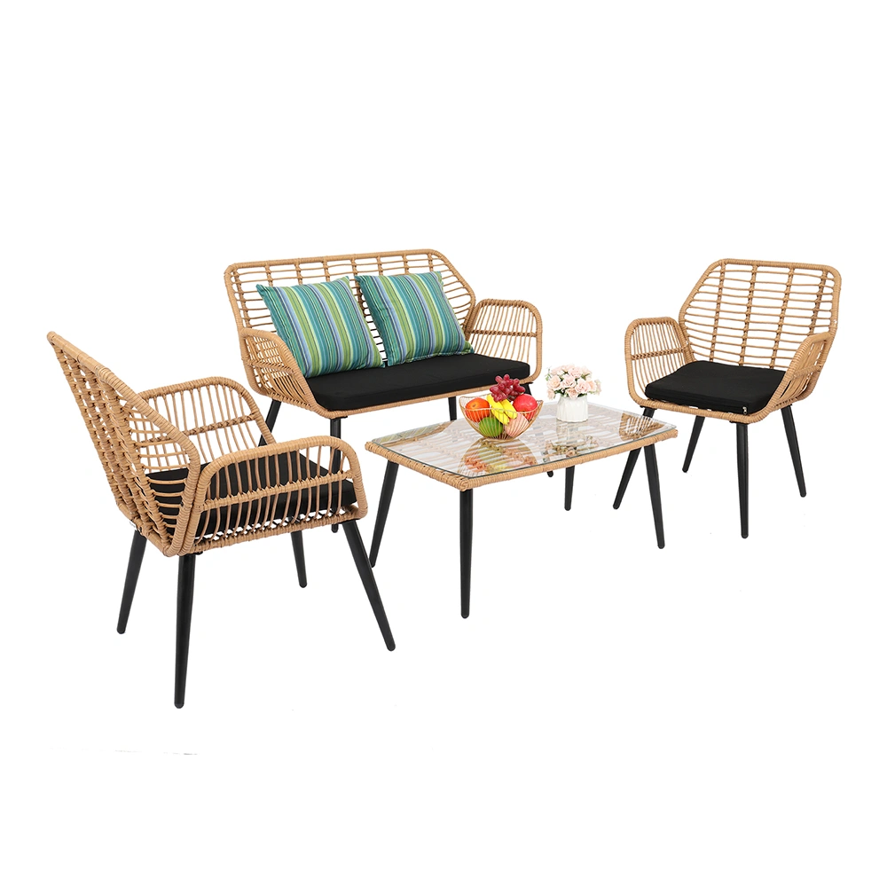 Yellow 4-Piece Outdoor PE Wicker Rattan Patio Furniture Set with Steel Frame view 2