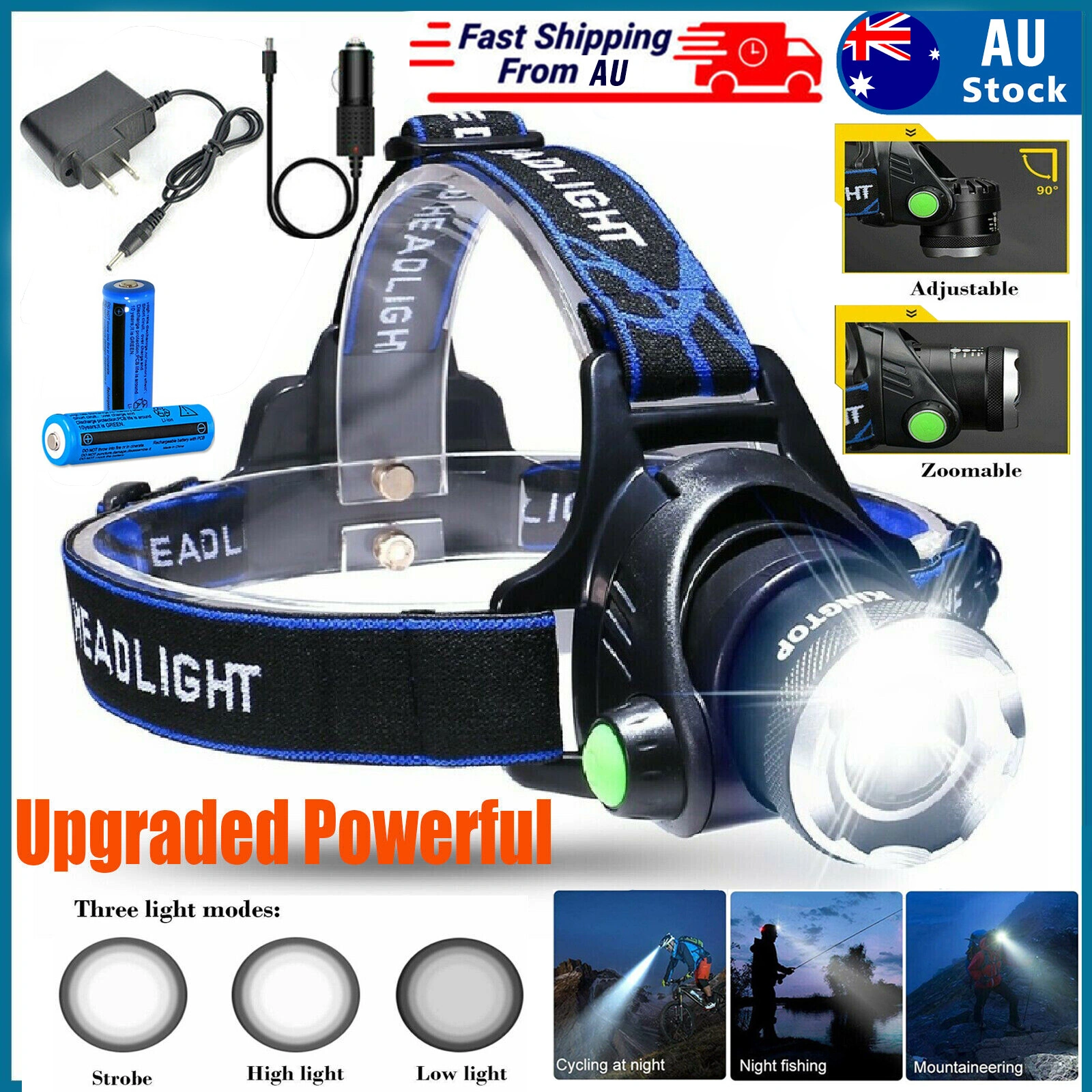 Rechargeable Zoomable LED Headlamp, Camping Hiking Head Torch Light, Waterproof Headlight with Battery & Charger Included