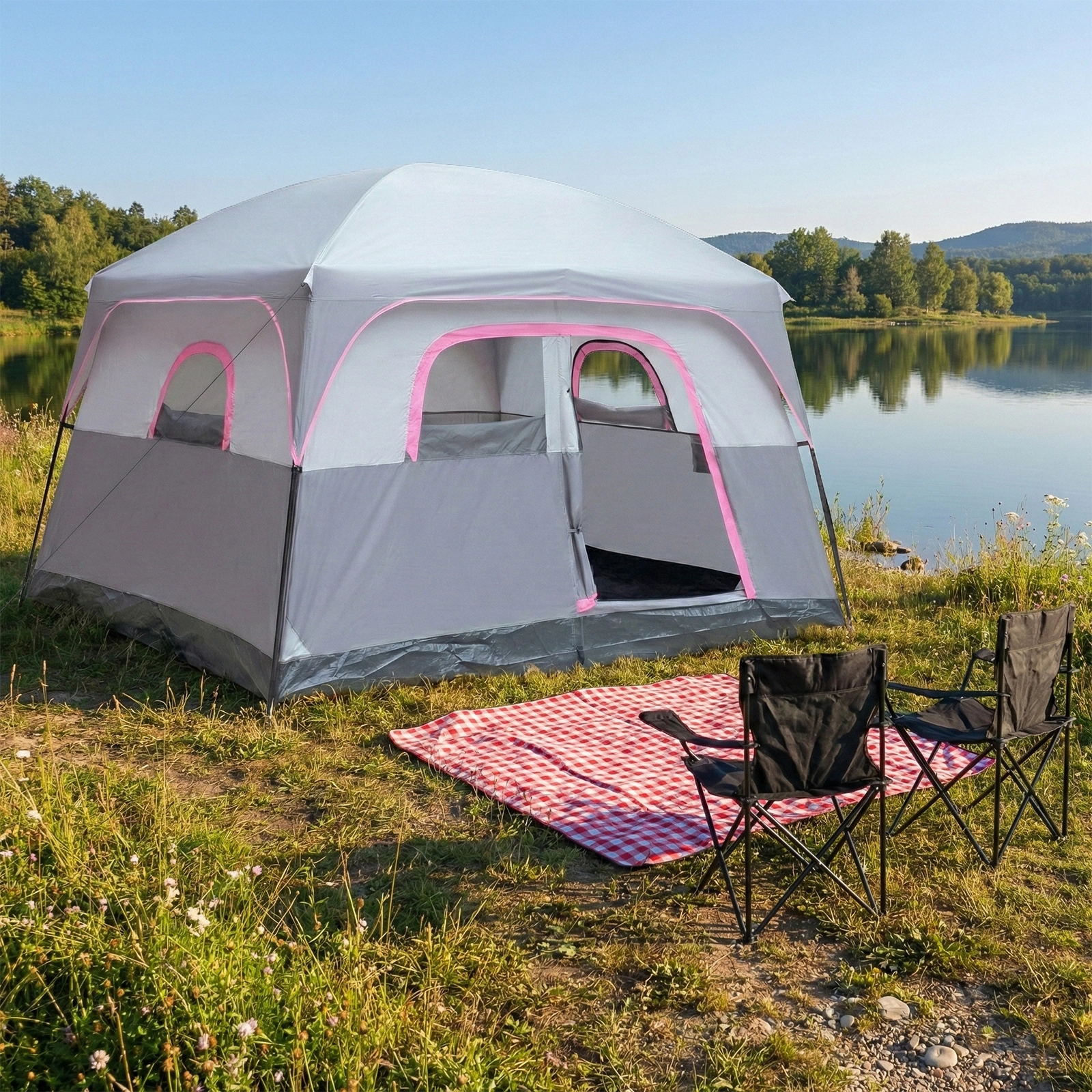 6 Person Outdoor Camping Tent, Waterproof Windproof Easy Setup, Double Layer Family Camping Tent with 1 Mesh Door & 5 Large Mesh Windows, Gray view 10
