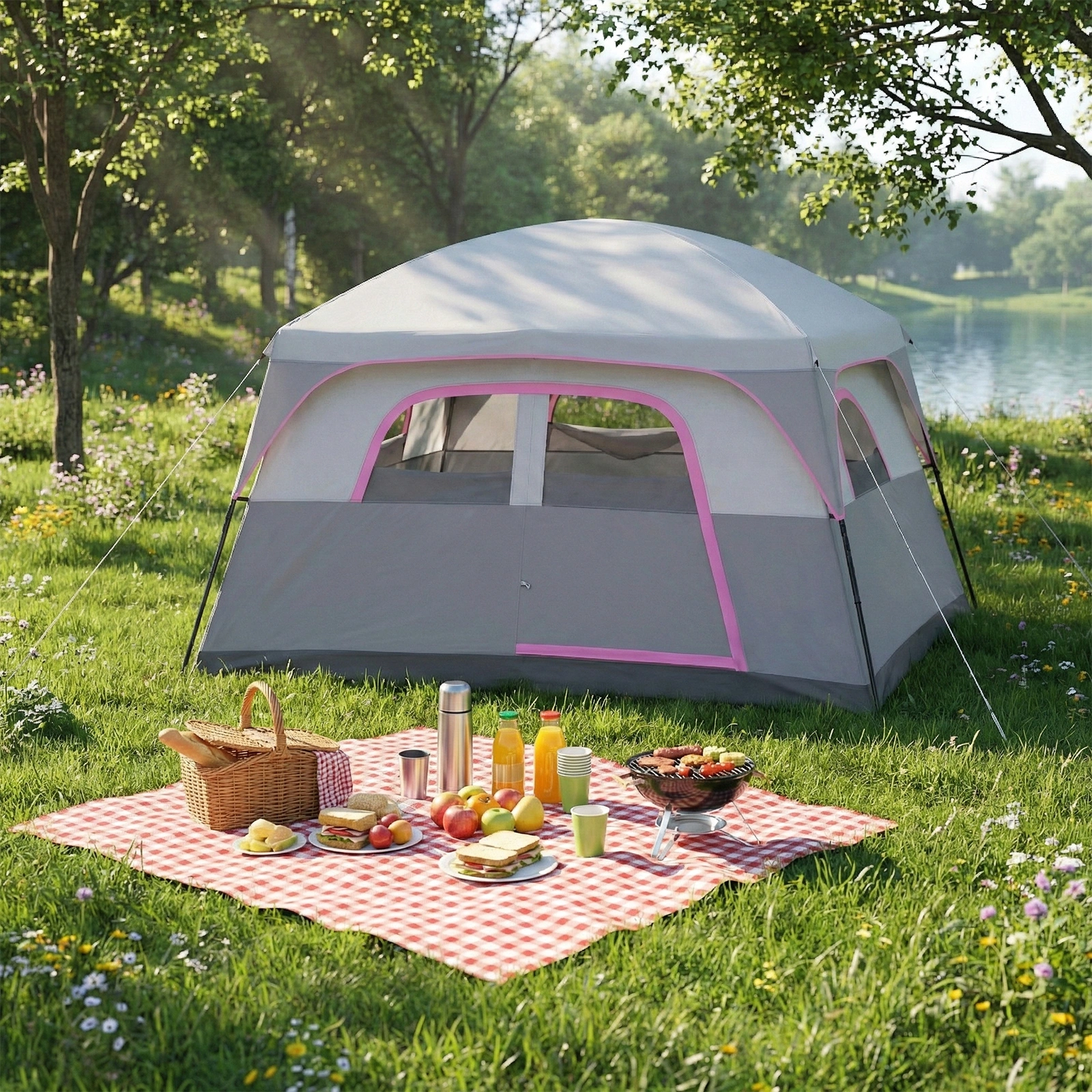 6 Person Outdoor Camping Tent, Waterproof Windproof Easy Setup, Double Layer Family Camping Tent with 1 Mesh Door & 5 Large Mesh Windows, Gray view 11