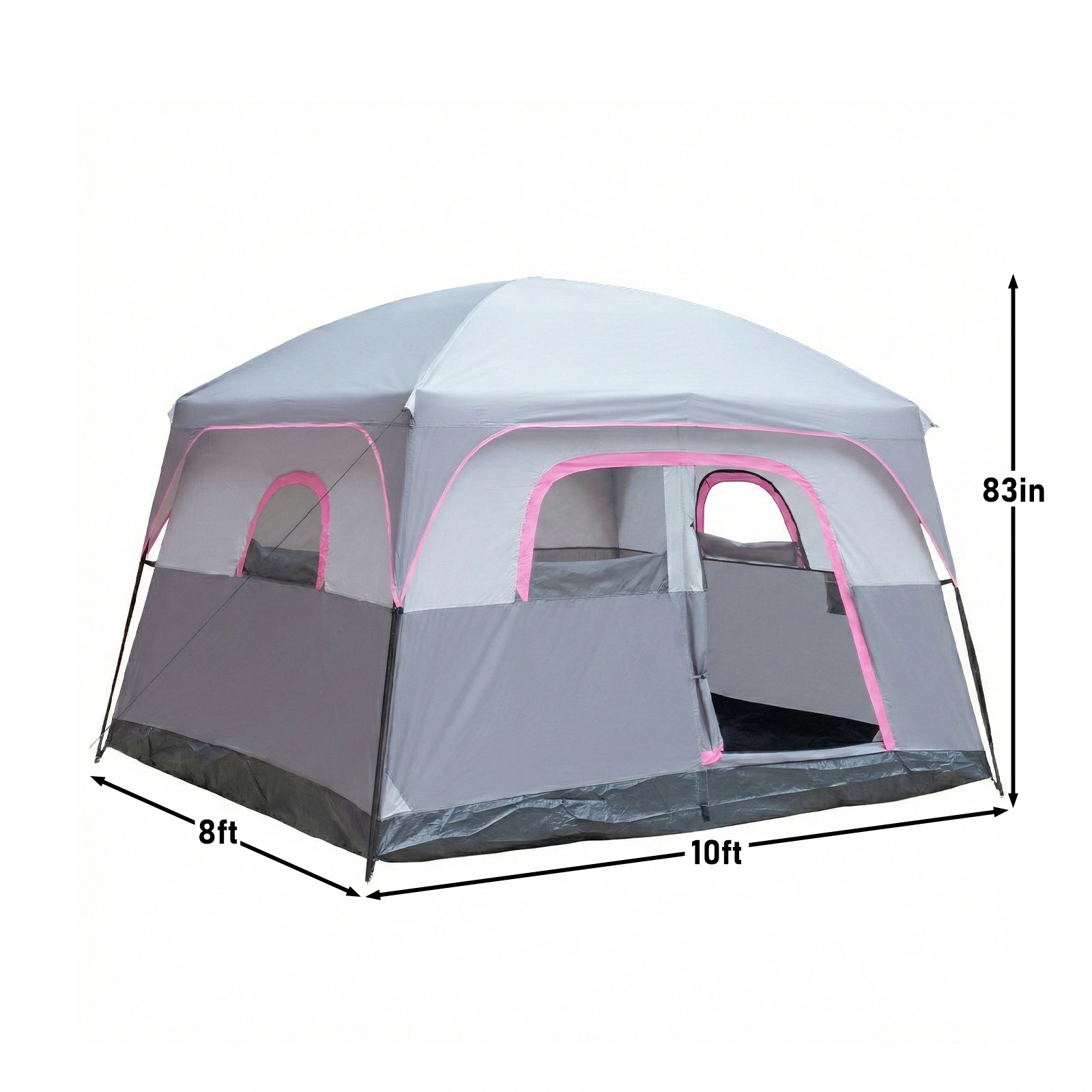 6 Person Outdoor Camping Tent, Waterproof Windproof Easy Setup, Double Layer Family Camping Tent with 1 Mesh Door & 5 Large Mesh Windows, Gray view 4