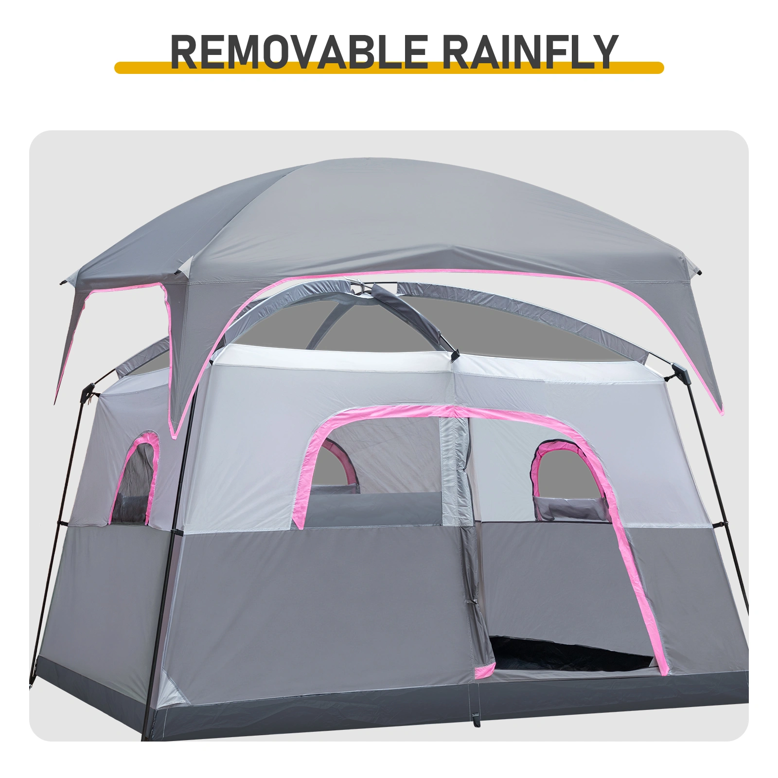 6 Person Outdoor Camping Tent, Waterproof Windproof Easy Setup, Double Layer Family Camping Tent with 1 Mesh Door & 5 Large Mesh Windows, Gray view 5