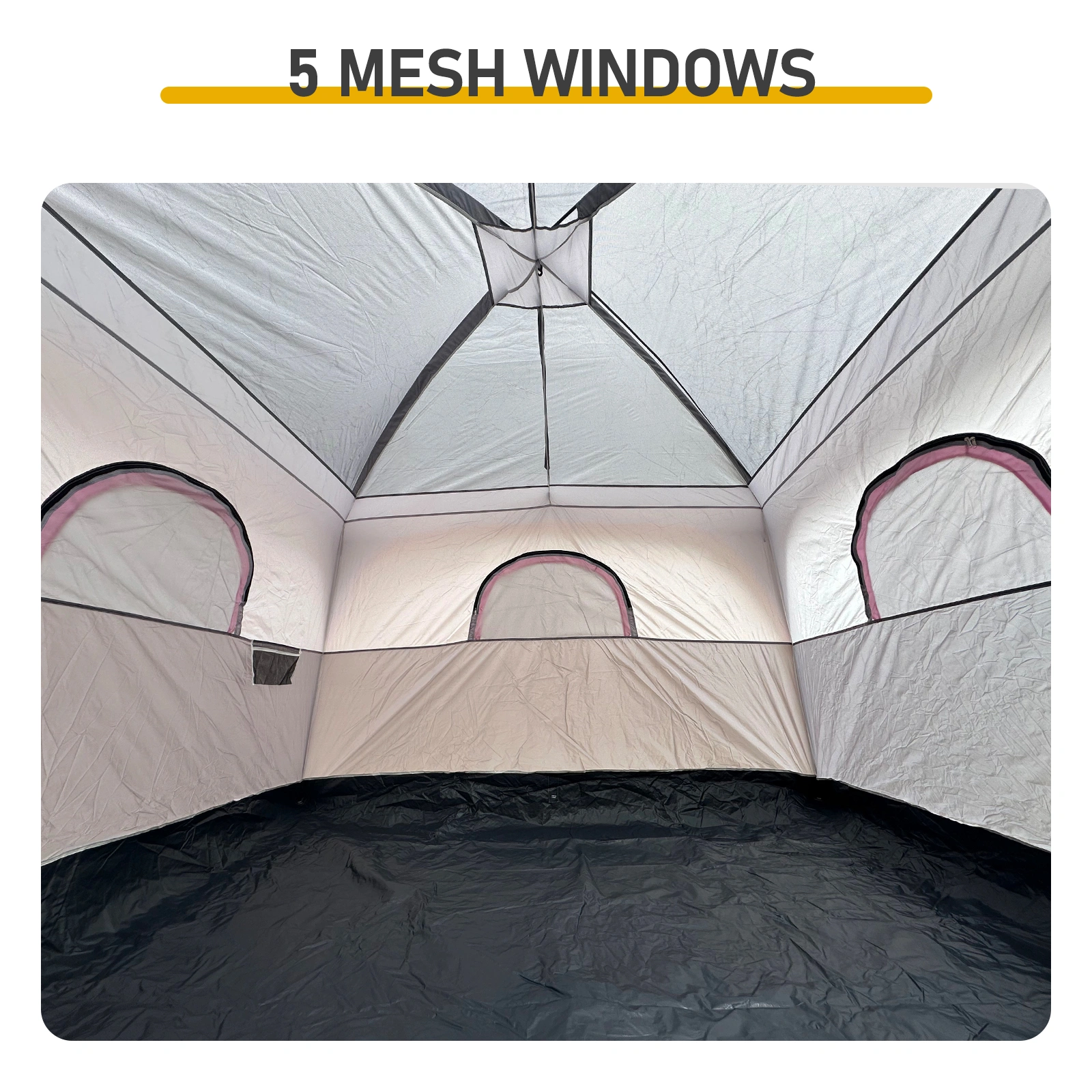 6 Person Outdoor Camping Tent, Waterproof Windproof Easy Setup, Double Layer Family Camping Tent with 1 Mesh Door & 5 Large Mesh Windows, Gray view 8