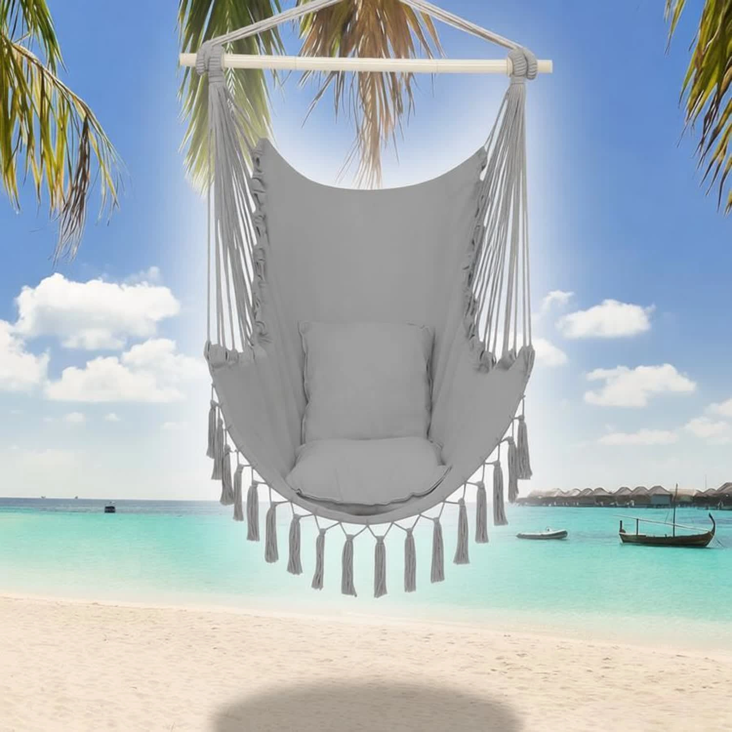 Pillow Tassel Hanging Chair Light Gray view 2