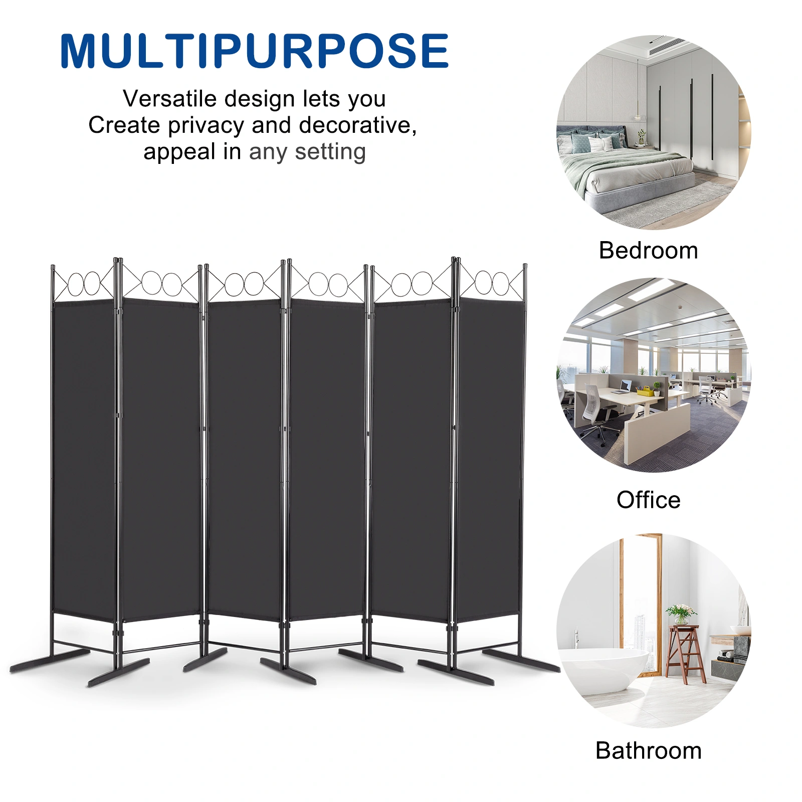 74FT 6-Fold Portable Room Divider Screen, 130g Polyester Panel, Carbon Steel Frame, Plastic Feet, Black view 3