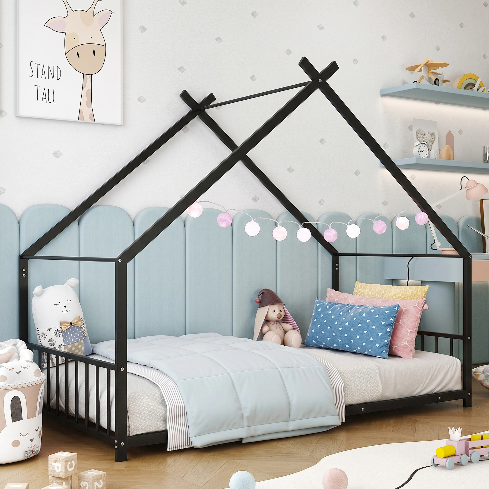 Black House Shaped Twin Size Kids Metal Bed with Side Rails, Platform Bed No Box Spring Needed, Safe & Sturdy Metal Frame for Kids Toddlers, US Standard Size view 10