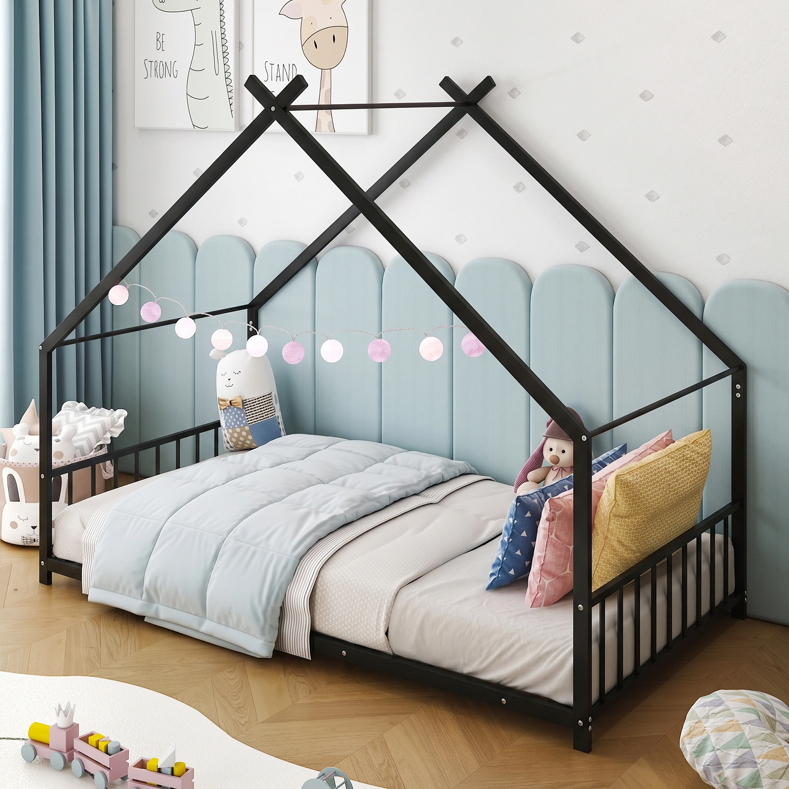 Black House Shaped Twin Size Kids Metal Bed with Side Rails, Platform Bed No Box Spring Needed, Safe & Sturdy Metal Frame for Kids Toddlers, US Standard Size view 11