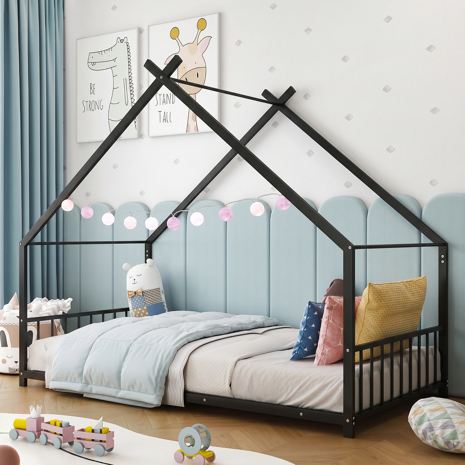 Black House Shaped Twin Size Kids Metal Bed with Side Rails, Platform Bed No Box Spring Needed, Safe & Sturdy Metal Frame for Kids Toddlers, US Standard Size view 12