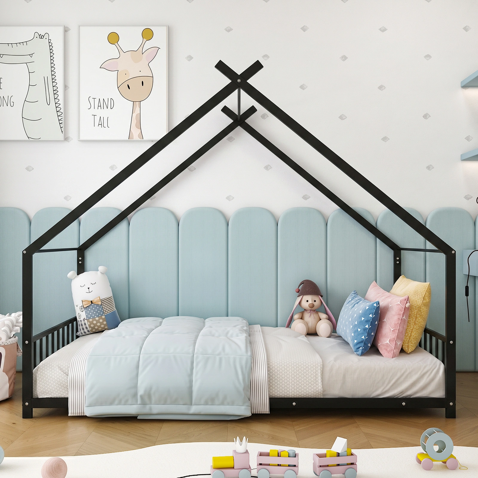 Black House Shaped Twin Size Kids Metal Bed with Side Rails, Platform Bed No Box Spring Needed, Safe & Sturdy Metal Frame for Kids Toddlers, US Standard Size view 13