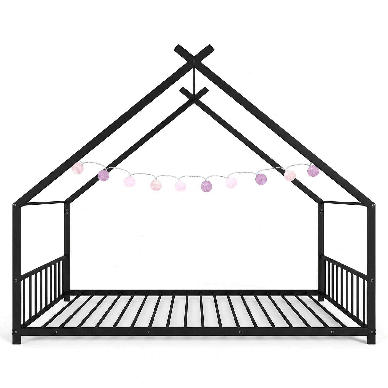 Black House Shaped Twin Size Kids Metal Bed with Side Rails, Platform Bed No Box Spring Needed, Safe & Sturdy Metal Frame for Kids Toddlers, US Standard Size view 5