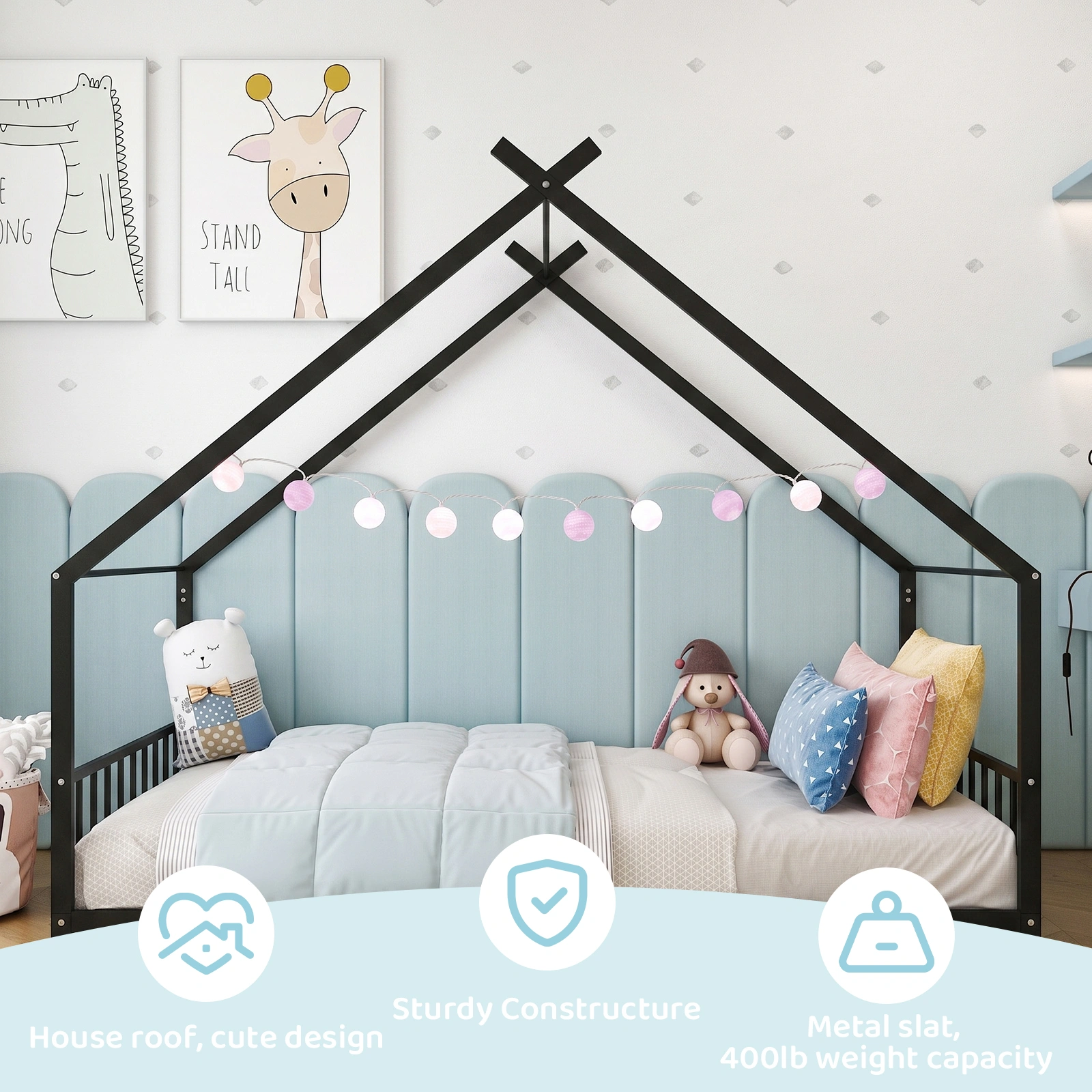 Black House Shaped Twin Size Kids Metal Bed with Side Rails, Platform Bed No Box Spring Needed, Safe & Sturdy Metal Frame for Kids Toddlers, US Standard Size view 6
