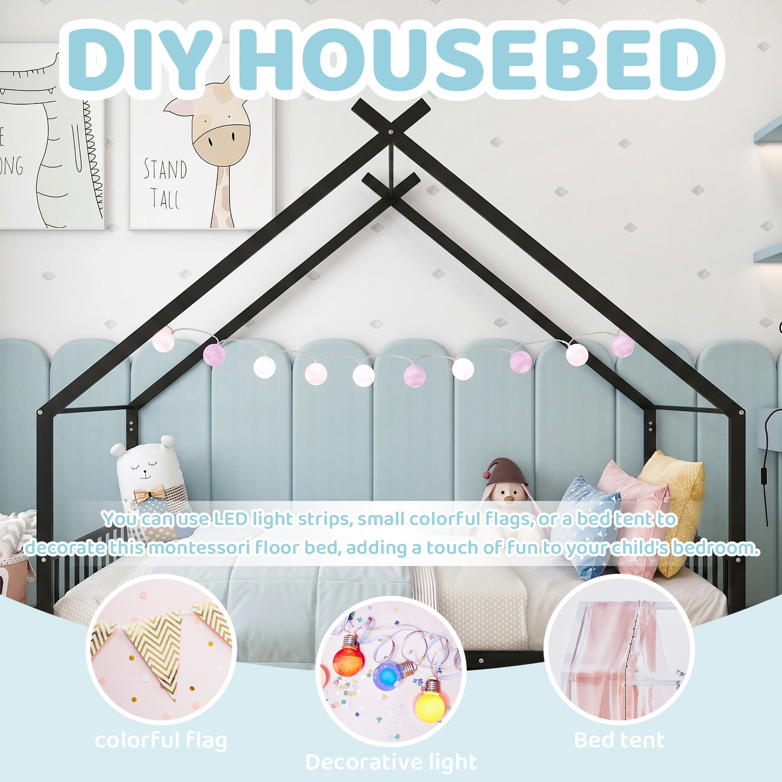 Black House Shaped Twin Size Kids Metal Bed with Side Rails, Platform Bed No Box Spring Needed, Safe & Sturdy Metal Frame for Kids Toddlers, US Standard Size view 7