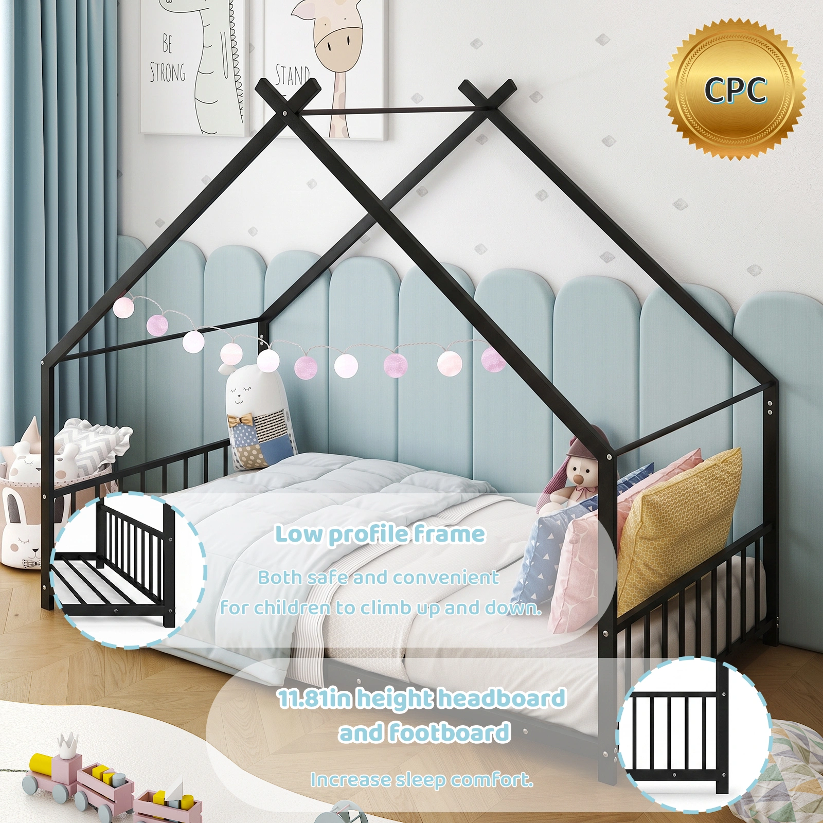 Black House Shaped Twin Size Kids Metal Bed with Side Rails, Platform Bed No Box Spring Needed, Safe & Sturdy Metal Frame for Kids Toddlers, US Standard Size view 8