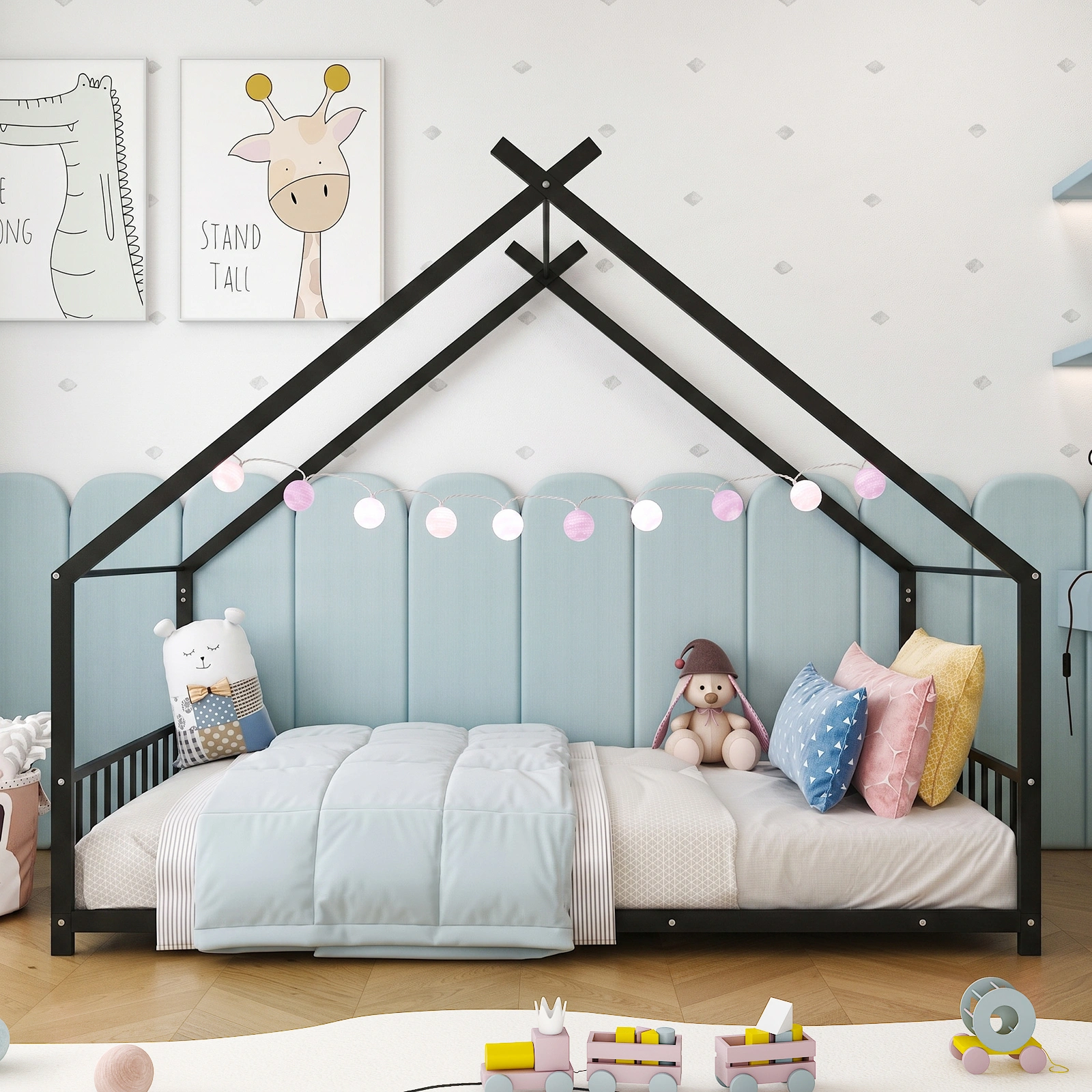 Black House Shaped Twin Size Kids Metal Bed with Side Rails, Platform Bed No Box Spring Needed, Safe & Sturdy Metal Frame for Kids Toddlers, US Standard Size view 9