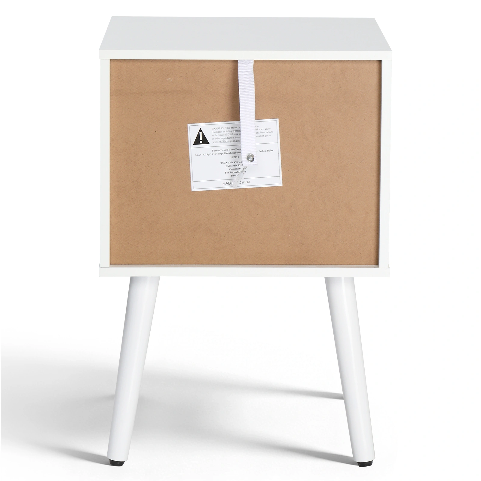 White P2 particleboard with solid wood legs, linen-textured melamine finish, and ring pull handle. 38*30*55cm. One drawer with a lower compartment. Bedside table. 1PC view 10