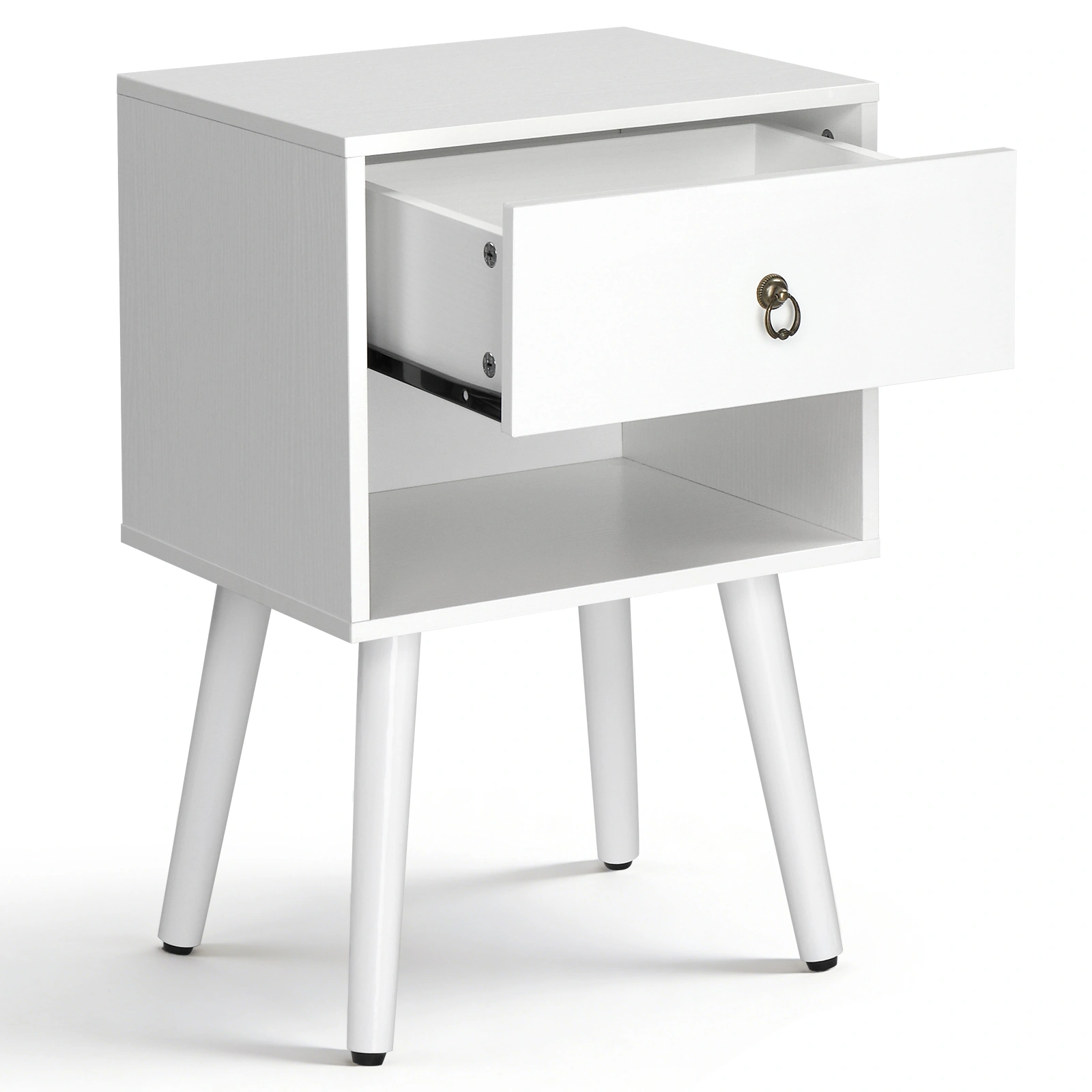 White P2 particleboard with solid wood legs, linen-textured melamine finish, and ring pull handle. 38*30*55cm. One drawer with a lower compartment. Bedside table. 1PC view 11