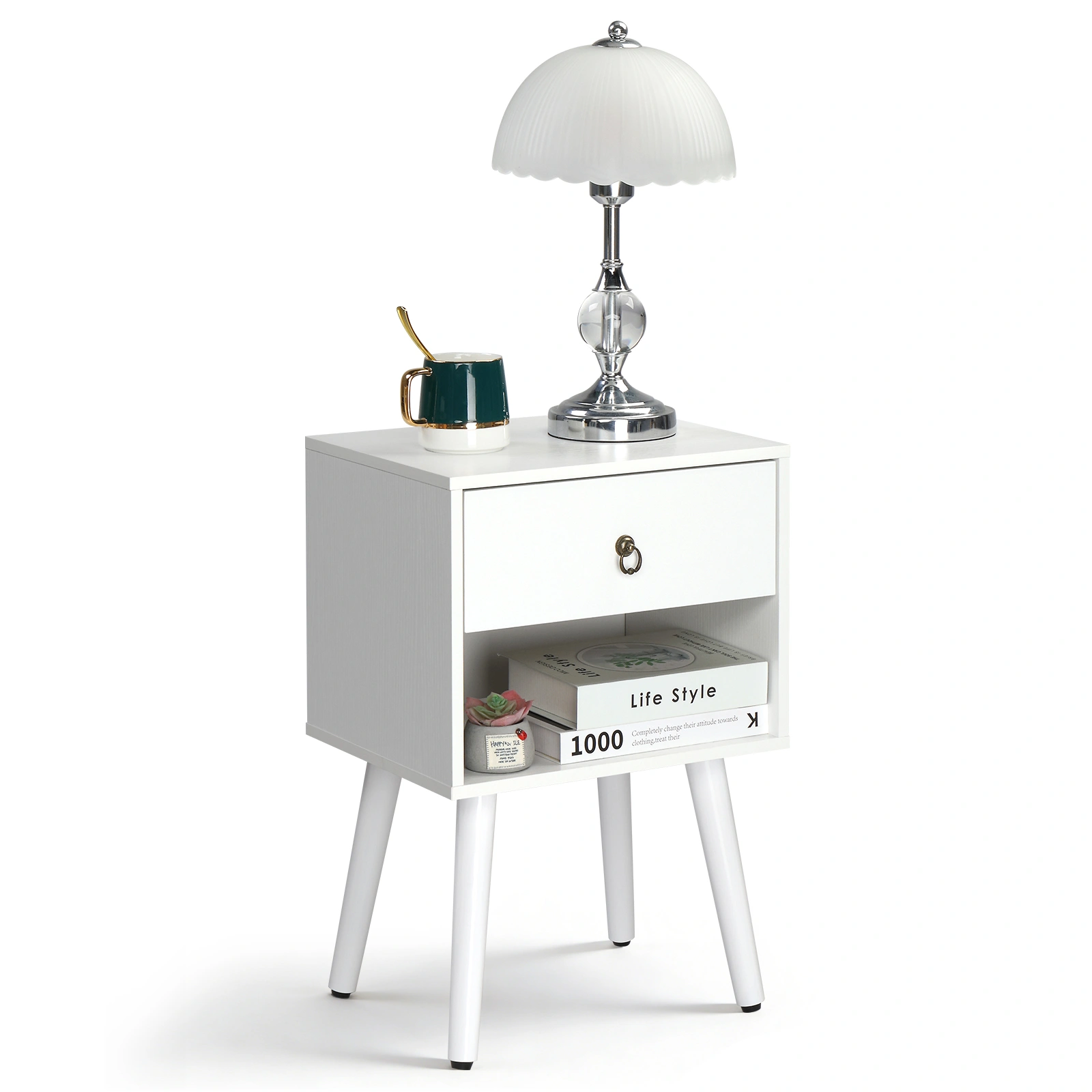 White P2 particleboard with solid wood legs, linen-textured melamine finish, and ring pull handle. 38*30*55cm. One drawer with a lower compartment. Bedside table. 1PC view 12