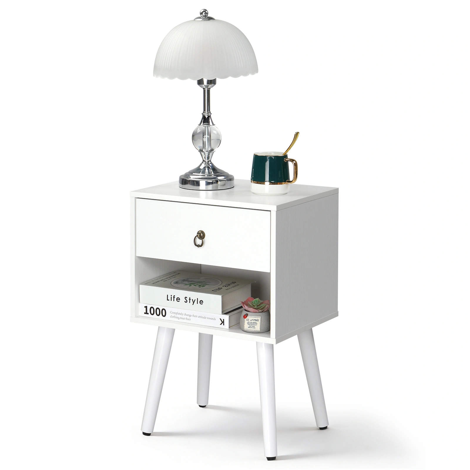 White P2 particleboard with solid wood legs, linen-textured melamine finish, and ring pull handle. 38*30*55cm. One drawer with a lower compartment. Bedside table. 1PC view 14