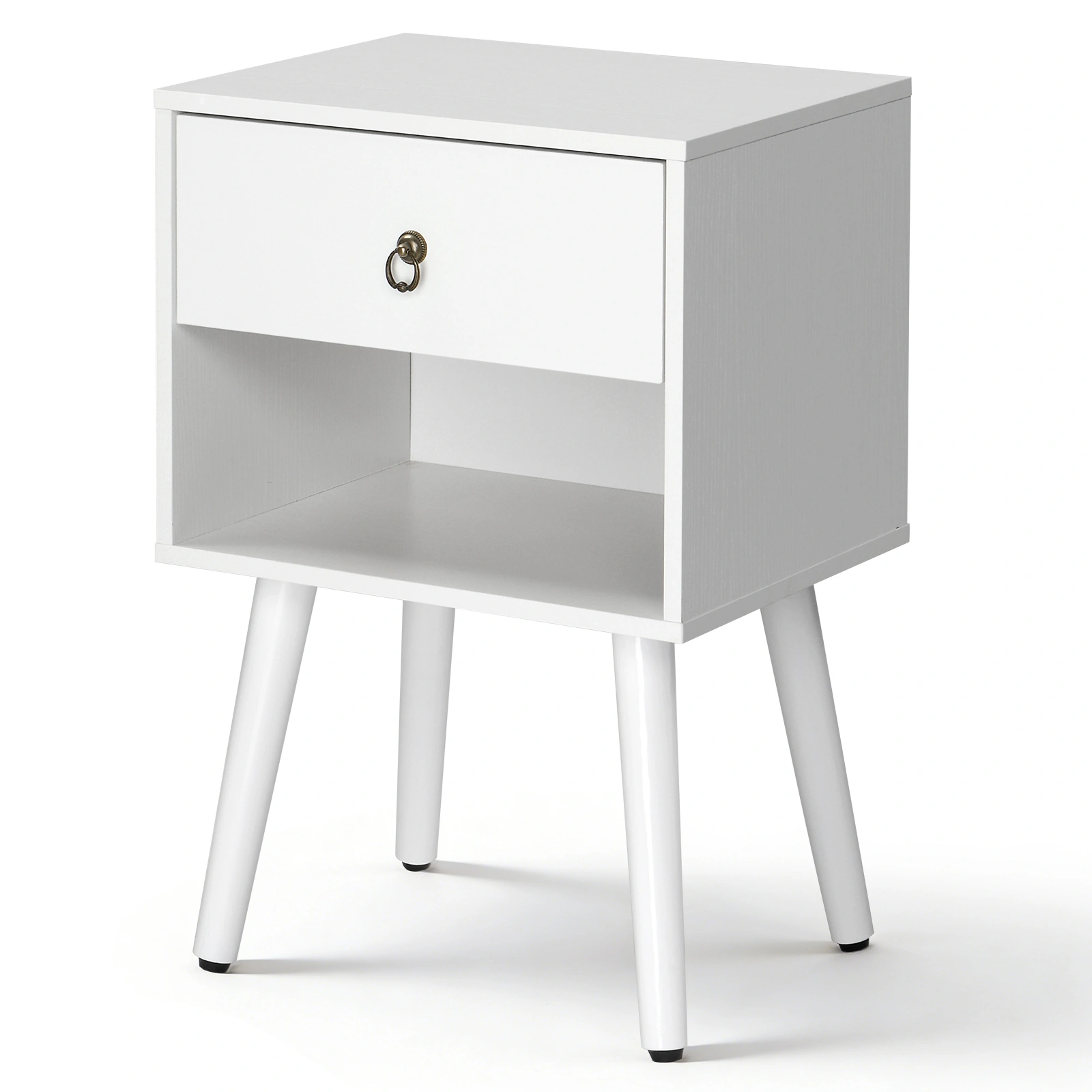 White P2 particleboard with solid wood legs, linen-textured melamine finish, and ring pull handle. 38*30*55cm. One drawer with a lower compartment. Bedside table. 1PC view 15