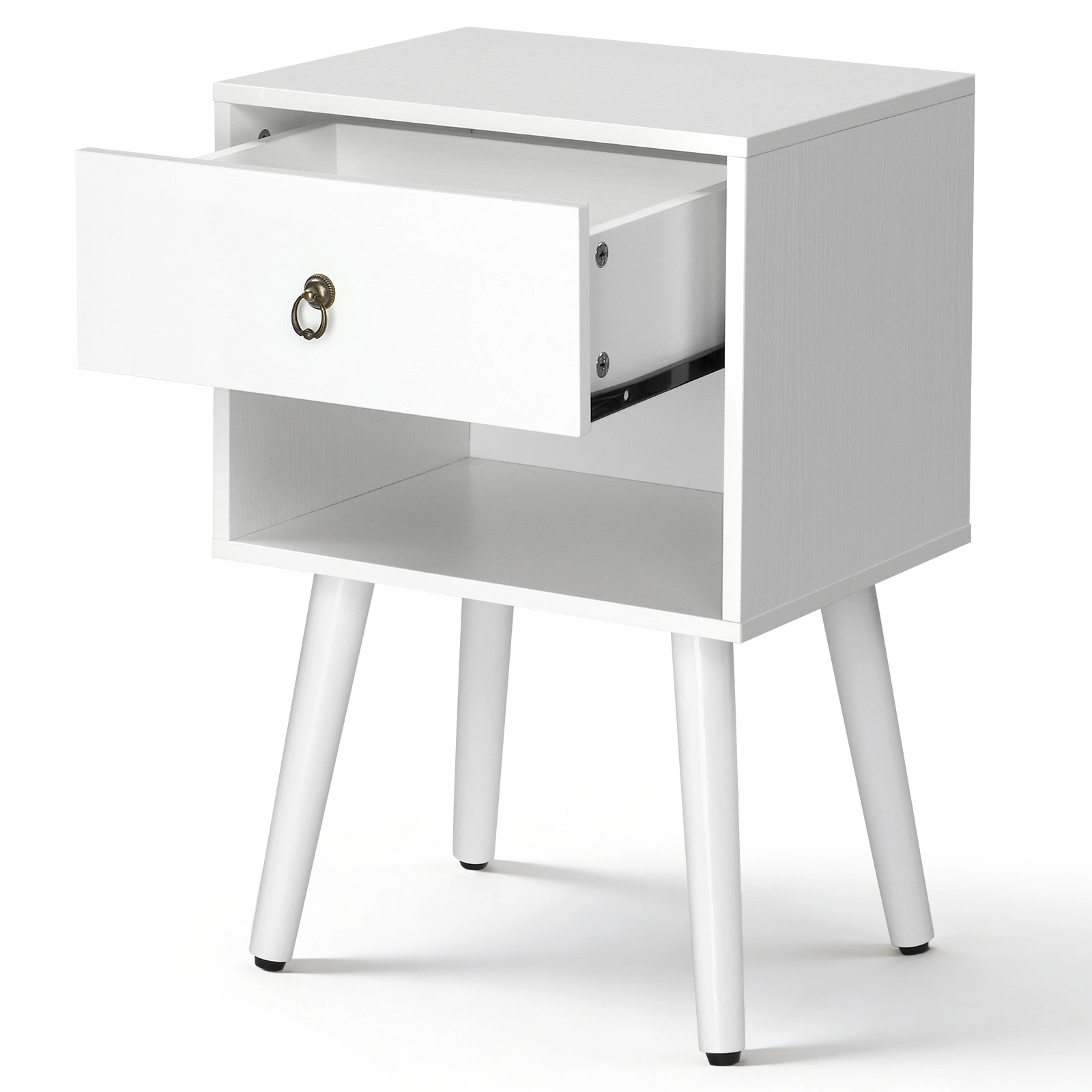 White P2 particleboard with solid wood legs, linen-textured melamine finish, and ring pull handle. 38*30*55cm. One drawer with a lower compartment. Bedside table. 1PC view 16