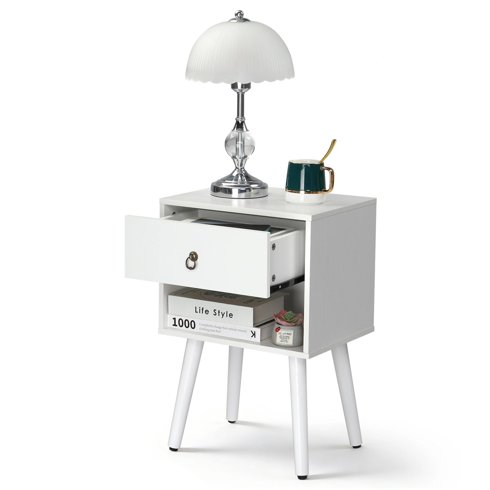 White P2 particleboard with solid wood legs, linen-textured melamine finish, and ring pull handle. 38*30*55cm. One drawer with a lower compartment. Bedside table. 1PC view 17