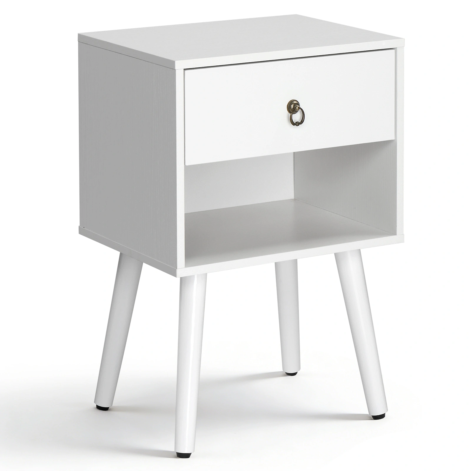 White P2 particleboard with solid wood legs, linen-textured melamine finish, and ring pull handle. 38*30*55cm. One drawer with a lower compartment. Bedside table. 1PC view 18