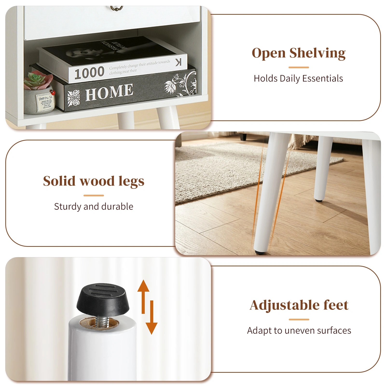 White P2 particleboard with solid wood legs, linen-textured melamine finish, and ring pull handle. 38*30*55cm. One drawer with a lower compartment. Bedside table. 1PC view 3
