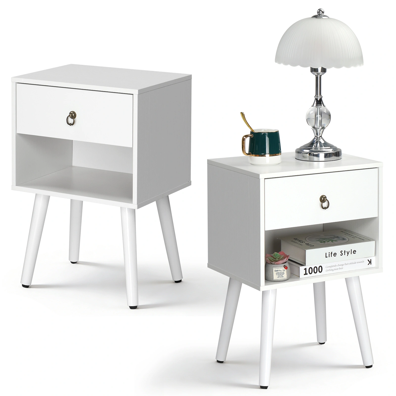 White P2 particleboard with solid wood legs, linen-textured melamine finish, and ring pull handle. 38*30*55cm. One drawer with a lower compartment. Bedside table. 1PC view 4
