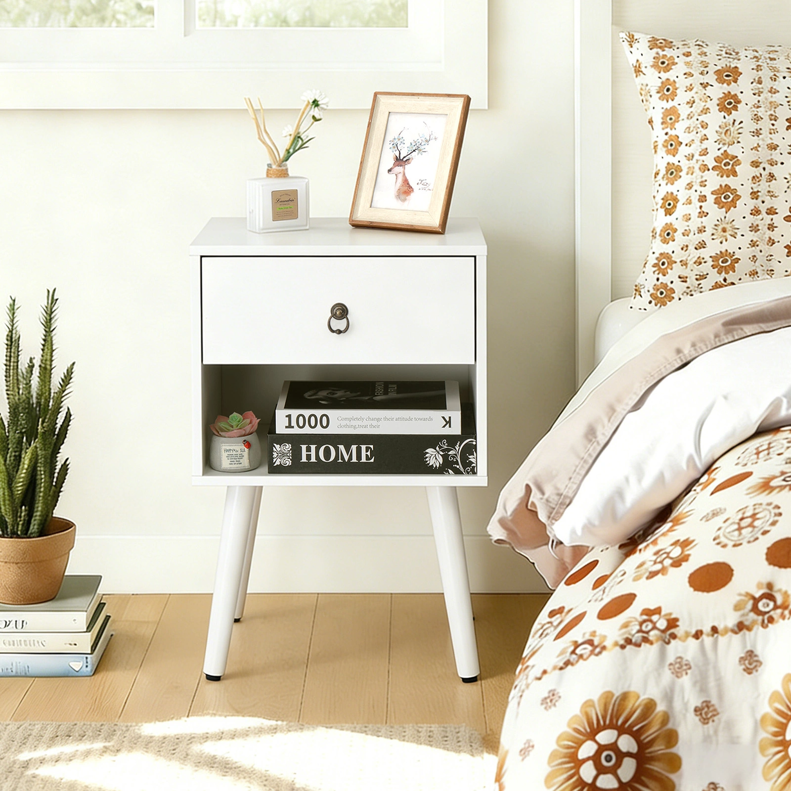 White P2 particleboard with solid wood legs, linen-textured melamine finish, and ring pull handle. 38*30*55cm. One drawer with a lower compartment. Bedside table. 1PC view 7