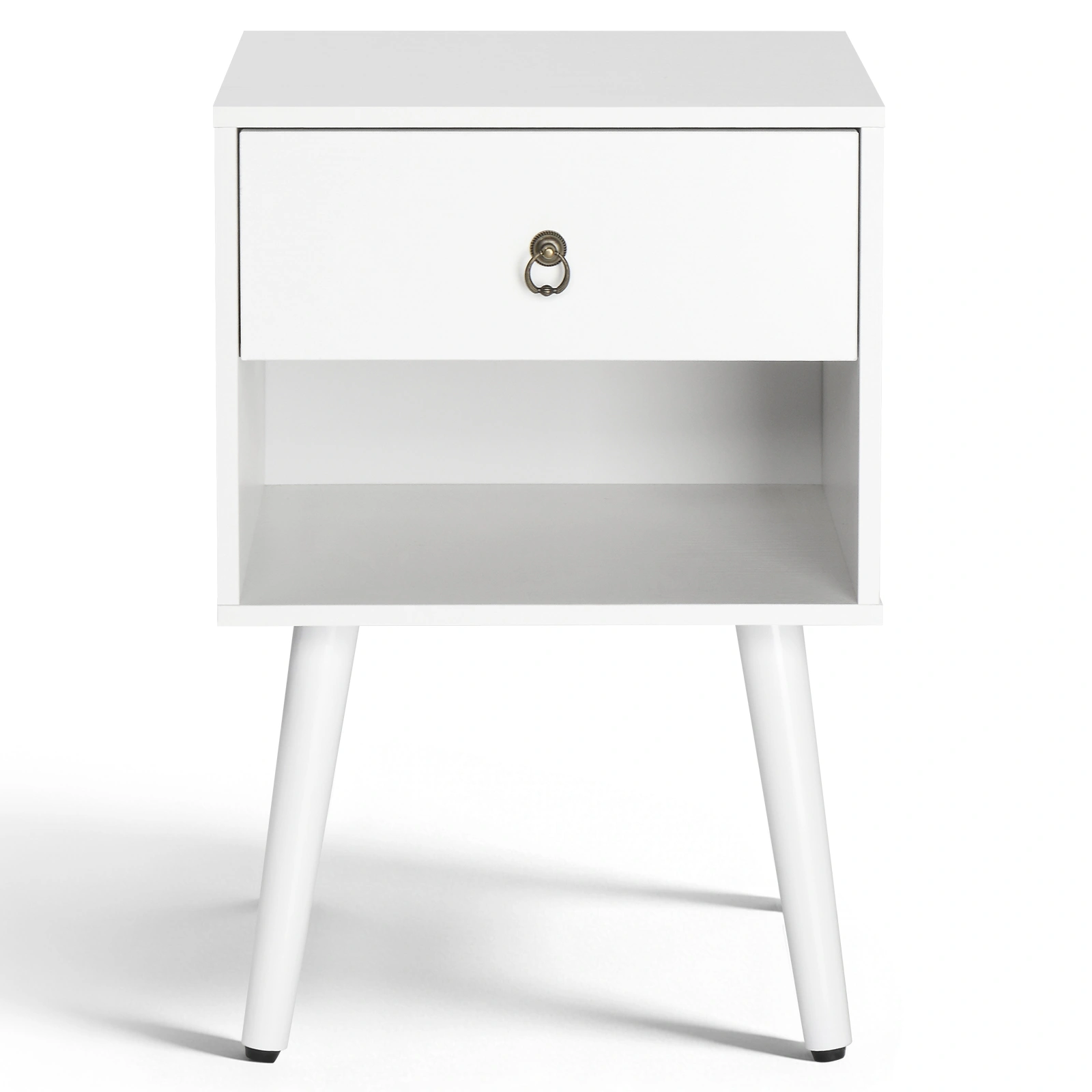White P2 particleboard with solid wood legs, linen-textured melamine finish, and ring pull handle. 38*30*55cm. One drawer with a lower compartment. Bedside table. 1PC view 9