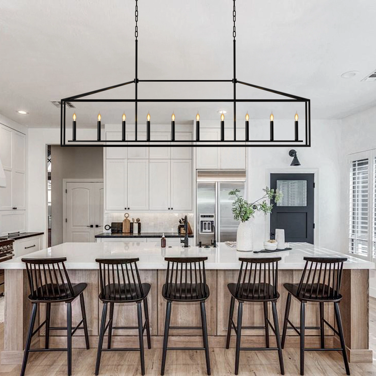 10 Lights Farmhouse Black Chandelier Rectangular Linear Pendant Lighting for Dining Room Kitchen Island view 2