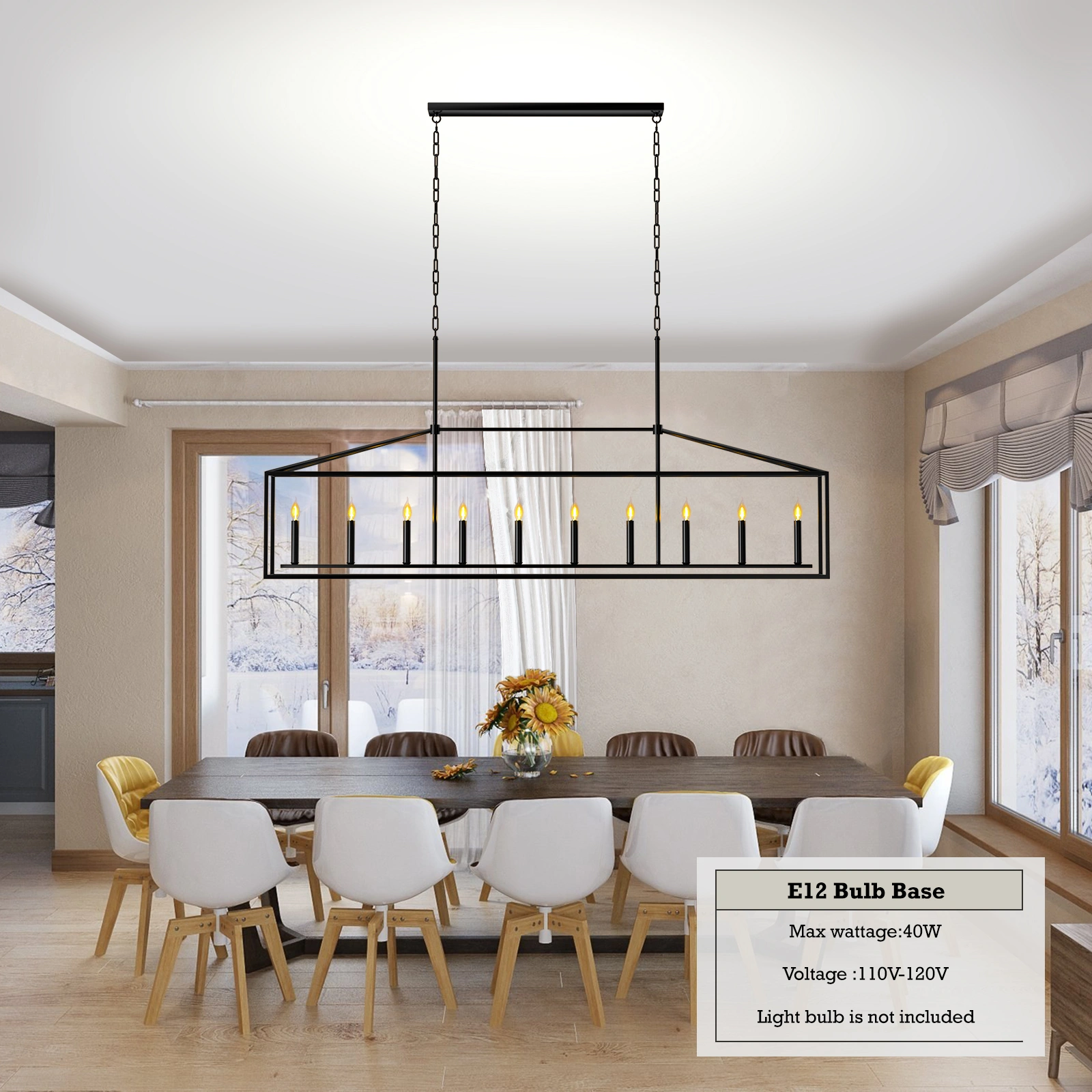 10 Lights Farmhouse Black Chandelier Rectangular Linear Pendant Lighting for Dining Room Kitchen Island view 5